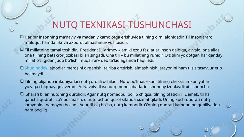 . nutq samaradorligiga salbiy ta'sir etadigan holatlar o'qituvchi nutqi samaradorligi uning to'g'ri tashkil etilishiga bog'liqdir. ayrim holatlar nutq ta'sirchanligiga salbiy ta'sir etadi. ular quyidagilardir: sinonimlardan o'rinli foydalana bilmaslik. o'qituvchi hikoyasi davomida bir xil so'zlardan tez-tez foydalanishi nutqning noto'g'ri tuzilganligidan darak beradi. bunday holat ko'pincha dialoglarni bayon etishda uchraydi. masalan, «dedi», «aytdi» kabi kesimlardan tez-tez foydalanish holatlari uchraydi. bu so'zlar o'rniga «fikr bildirdi», «ma'lum qildi», «aytdi», «so'radi», «javob berdi» kabi tarzdagi sinonimlardan foydalanish nutqni boyitadi va ta'sirchanligini oshiradi. e’tiboringiz uchun tashakkur!!! image2.png image3.png image4.png image1.png /docprops/thumbnail.jpeg