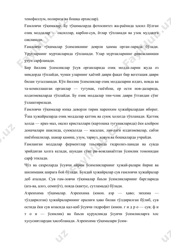 оқликда ўсувчи ўсим-ликларнинг вегетатив органларида учрайди. бу тўқималар паренхима хужайраларининг модификацияси (лот. моди-фикацио — шакл ўзгариши) бўлиб, юмалоқ, юлдузсимон ва бошқа шаклларда учраши мумкин. сўрувчи тўқималар ўсимликнинг ҳаётида муҳим аҳами-ятга эга. булар орқали сув ва сувда эриган минерал модда-лар шимилиб организмга ўтади. тузилиши ва шакли жи-ҳатидан сўрувчи тўқималар ҳар хил (ризодерма, веламен, гидропот) бўлади. буларнинг энг муҳими ризодерма (юнон. р и з о — илдиз; д е р м а — пўст) дир. ризодерма ёки сўрувчи тўқималарнинг ташқи қаватини илдиз тукчалари ташкил этади. булар тупроқ зарралари орасига жойлашган туксимон шаклдаги юпқа деворли ўсим-талардан иборат. ризодерма ва ёки сўрувчи тўқималар туп-роқдаги сув ва сувда эриган минерал тузларни сўриб, ўтка-зувчи толалар орқали ўсимлик органларига етказиб беради. баъзи ўсимликларнинг ҳавойи илдизлари устида ўзига хос тузилишга эга веламен (лот. веламен — қобиқ) деб аталадиган тўқималари бўлади. бу тўқима келиб чиқиши жиҳатидан ризодермага ўхшаш бир қаватли протодерма-дан юзага келади, лекин онтогенезида ривожланиб кўп қаватли шаклга …