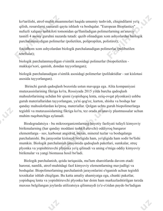 i kimyoviy birikmalar va og'ir metallar bo'lmasligi kerak va asl plastmassaning tarkibi 10% dan oshmasligi kerak. bunday sharoitda material biologik parchalanadigan (kompost qilish uchun mos) sifatida sertifikatlangan. hozirda ishlab chiqarilgan biopolimerlar hajmi yiliga bir necha million tonnani tashkil etadi. kelgusi yillarda esa bu raqam bir necha barobar ortishi mumkin. mutaxassislarning fikricha, 2020 yilda bunday mahsulotlarning ulushi jahon plastmassa ishlab chiqarishining 25 foizigacha bo'ladi. 2015 yilda o'simlik biopolimerlarini ishlab chiqarishning prognoz qilingan hajmi qariyb 800 ming tonnani tashkil etadi (shundan deyarli 500 ming tonna o'simlik xom ashyosidan). shuni ta'kidlash kerakki, hozirgi vaqtda bioplastika ishlab chiqarish an'anaviy polimerlarga qaraganda bir necha barobar qimmatroq (2 dan 7 martagacha). biopolimerlarning asosiy afzalliklari: tabiiy resurslarni saqlash. xavfsiz qayta ishlash va qayta foydalanish imkoniyati (shu jumladan energiya ishlab chiqarish va yuqori sifatli kompost uchun). global miqyosda uglerod izini kamaytirish. strategik resurslarga - neft va tabiiy gazga bog'liqlik yo'q. qayta tiklanadigan tabiiy xom ashyolardan (kamida qisman) ishlab …