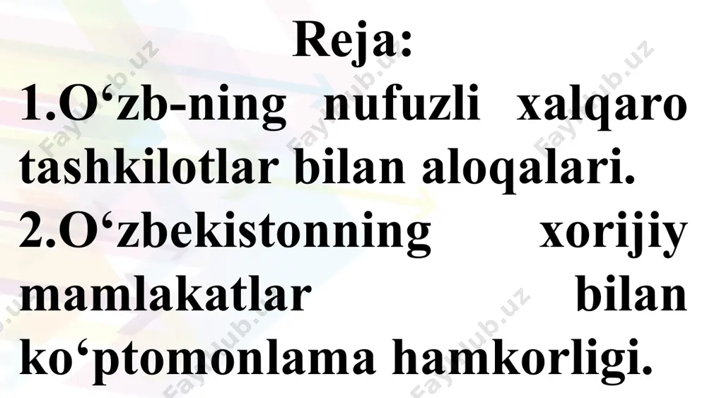 n, rossiya. senegal, ukraina, o‘zbekiston, buyuk britaniya. bmtning inson huquqlari bo‘yicha kengashga 47 ta davlat a’zodir. kengash a’zolari uch yillik muddatga yashirin ovoz berish yo‘li bilan saylanadi. yexht, bmt, yunesko, isesco, shht (shanxay forumi), nato, unisef xalqaro bolalar jamg‘armasi, unktad xalqaro savdo markazi, gatt tariflar va savdo bosh bitimi, moh, moih markaziy osiyo iqtisodiy hamjamiyati, yoih yevrosiyo iqtisodiy hamjamiyati yei yevropa ittifoqi bugungi kunda 27 evropa davlatidan iborat integratsiya birlashmasidir. ozarbayjon prezidenti ilhom aliyev, belarus prezidenti aleksandr lukashenko, qozog‘iston prezidenti qosim-jo‘mart to‘qayev, qirg‘iziston prezidenti sadir japarov, tojikiston prezidenti emomali rahmon, turkmaniston prezidenti serdar berdimuhamedov turkiya prezidenti rejep tayyip erdo'g'an anqara turkiya ashxobod turkmaniston boku ozarbayjon bishkek qirg’iziston damashq suriya dushanbe tojikiston islomobod pokiston qobul afgʻoniston nur-sulton qozogʻiston pekin xitoy seul j.koreya dehli (nyu dehli) hindiston singapur singapur toshkent oʻzbekiston tehron eron tokio yaponiya pxenyan kxdr 2020 йилнинг июнда «ўзбекистон республикасининг халқаро рейтинг ва индекслардаги ўрнини яхшилаш ҳамда давлат органлари ва …