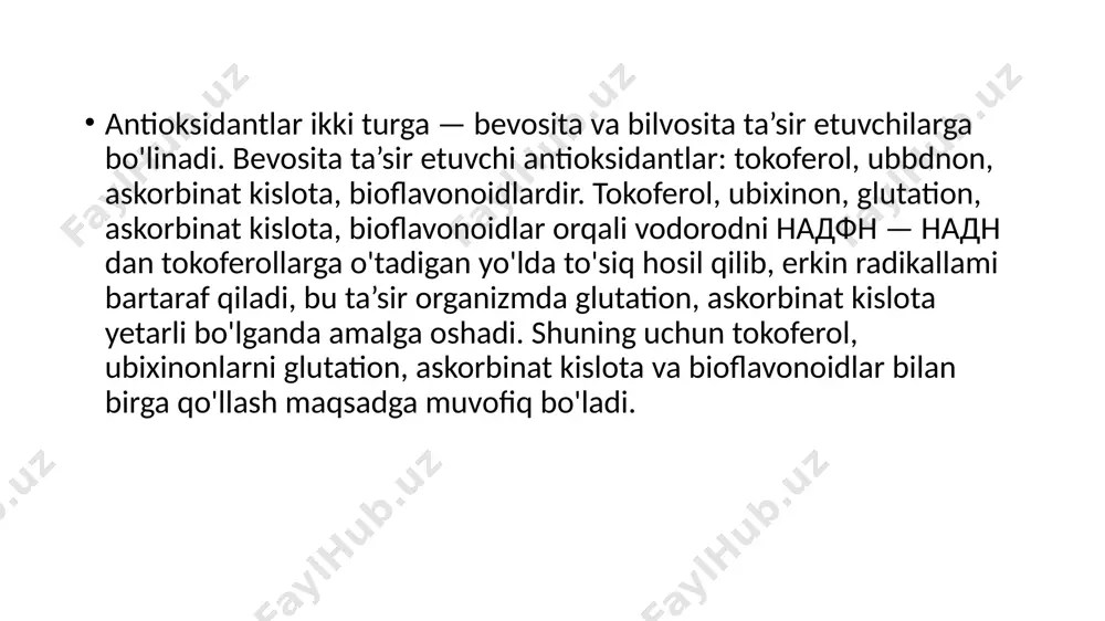ta’siri orat kislota bilan bog'liq, chunki bu kislota nuklein kislotalar biosintezida faol qatnashadi, metabolik jarayonlarni rag'batlantiradi. riboksinning gipoksiyaga qarshi hamda anabolik xususiyati bor, kimyoviy jihatdan purinning nukleozidi bo'lgani uchun hujayralarga, ayniqsa, gepatotsitlarga oson o'tib, ularning quvvatini oshiradi, nukleozidlar biosintezida faol qatnashadi. sitoxrom c to'qimalarning nafas fermenti bo'lgani uchun gipoksiyaga qarshi ta’sir etib, gepatitlarda oksidlanish va tiklanish jarayonlarini orttiradi. jigar kasalliklarida mikrosomal fermentlarning induktorlari — fenobarbital ham qo'llanilishi mumkin. fenobarbital faqat mikrosomal fermentlarni emas, sitoxrom p - 450, glyukuroniltransfereza fermentini induksiya qiladi, tarkibida gem saqlaydigan komplekslarni mustahkamlab, erkin radikallar hosil bo'lishiga to'sqinlik qiladi, yangi tug'ilgan chaqaloqlarda sariqlikni kamaytiradi; benzonalning ham induktorlik ta’siri bor. jigar zararlanganda, ayniqsa, bolalardagi virusli gepatitlarda qonda adenil birikmalari — atf, adf, amf ning miqdori kamayib ketadi. atf ning kamayishi, bir tarafdan, kofermentlar tarkibidagi moddalar va nonnal moddalar almashinuvining, ikkinchi tarafdan, o'tishiga kerak bo'lgan substratlar faolligini susaytiradi, makroyergik birikmalar hosil bo'lishini kamaytiradi. buni bartaraf etish maqsadida jigar kasalliklarida …