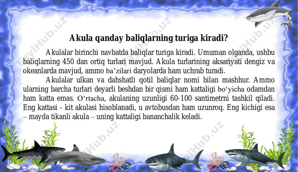 ida to‘liq shakllanmaguncha qoladi. natijada, mustaqil hayotga allaqachon tayyor bo‘lgan bola tug‘iladi - akula bolasi. 0 boshqa javob yoki javob yo‘q bo‘lsa. 11−savol: akulalar okeanda uzoq sayohat qilishlarining ikkita sababini keltiring: baholash mezoni: ball javob 1 to‘g‘ri javob: ba’zi akulalar vaqti-vaqti bilan ko‘proq oziq-ovqat mavjud joylarni qidirishda harakat qilishadi. 1 to‘g‘ri javob: ba’zi akulalar nasl tug‘ilishi uchun qulay bo‘lgan dengiz hududlarini qidirishda harakat qilishadi. 0 boshqa javob yoki javob yo‘q bo‘lsa. 12−savol: akulalar o‘z yo‘llarini qanday bilishadi? baholash mezoni: ball javob 1 to‘g‘ri javob: akulalar okeanda qanday qilib yo‘l topishlari aniq ma’lum emas. ehtimol, ular suv haroratining o‘zgarishi bilan yo‘nalishni aniqlaydi. 0 boshqa javob yoki javob yo‘q bo‘lsa. 01 02 berilgan andozalardan qaysi biridan kub yasash mumkin? topshiriq №1 topshiriq №1.kod rm4_070 topshiriq hususiyati:  mazmun sohasi: geometrik shakllar va o‘lchashlar  mavzu sohasi: ikki va uch o‘lchovli shakllar  kognitiv sohasi: mulohaza yuritish  maksimal ball: 1 ball kod …