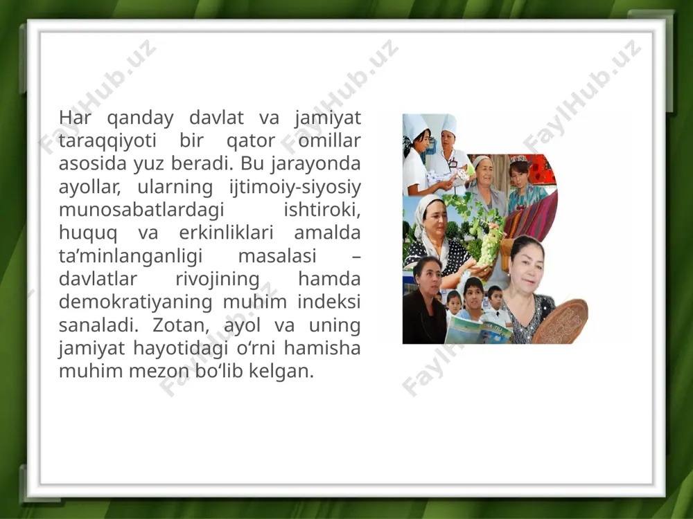 davlatimiz tomonidan yangi imkoniyatlar yaratib berilmoqda. jamiyatda ayollarni ilm-fanga ruhlantirish maqsadida yangi mexanizm – «olima ayollar jamiyati» tuzilgani hamda uning faoliyatini qo‘llab-quvvatlash va yanada rag‘batlantirish uchun davlat byudjetidan 50 milliard so‘m ajratilgani barcha xotin-qizlarning ko‘nglida jamiyatning eng faol qatlami – «olima ayol» bo‘lishga intilishlarini yanada kuchaytirishi ayni haqiqat. hech shubhasiz, ayollarning jamiyat va davlat ishlarini boshqarishdagi ishtirokini to‘laqonli ta’minlash, ularni ijtimoiy-iqtisodiy hamda huquqiy jihatdan qo‘llab-quvvatlash borasidagi islohotlar yurtimizda gender tenglikni va teng huquqlilikni ta’minlashdagi ijtimoiy adolat namunasidir. bir so‘z bilan aytganda, ayollarning taqdiri, buguni va kelajagi uchun davlat siyosati darajasidagi yuksak e’tiborning ifodasi bo‘lgan bunday sharoitlar va imtiyozlar mamlakatimiz tarixida hali bo‘lmagan. bugun opa-singillarimiz qalbida jo‘sh urayotgan shukronalik va yurtdan, yurtboshidan minnatdorlik hissi amaliy faoliyatimizga ko‘chib, har bir sohada yuksak natijalarga erishishga ruhlantirmoqda. ayollarga e’tibor chinakam davlat siyosati darajasiga ko‘tarildi: uning huquqiy va institutsional asoslari tubdan takomillashtirildi. mamlakatimizda gender tenglikni ta’minlash, ayollarning ijtimoiy va siyosiy hayotdagi rolini oshirish faoliyati: ayollar …