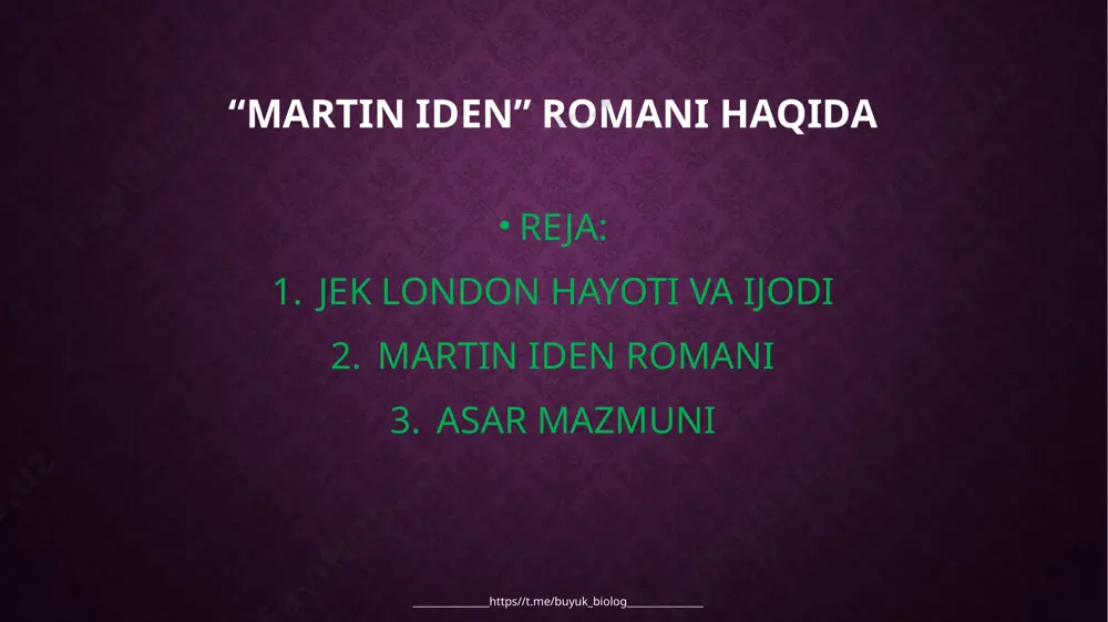 tsialist nomzod edi, ammo u saylovga kirish uchun zarur bo'lgan ovozlarni olmadi. 1906-yilda mamlakat bo'ylab bir qancha sotsialistik mavzularga bag'ishlangan nutq so'zladi. _______________https//t.me/buyuk_biolog_______________ jek london o'zining birinchi ikkita romanini "dazzlerning kruizi" va "qorlarning qizi" ni 1902 yilda nashr etdi. bir yil o'tib, 27 yoshida u o'zining eng mashhur romani "chaqiruv" bilan tijorat muvaffaqiyatlariga erishdi. yovvoyi ". ushbu qisqa sarguzasht roman 1890-yillarda londonning yukonda bo'lgan yilida o'z boshidan kechirgan va buck ismli avliyo bernard-skotch cho'ponining atrofida bo'lgan klondayk gold rush paytida boshlangan. kitob bugungi kunda bosma nashrda qolmoqda. _______________https//t.me/buyuk_biolog_______________ romanlari "dazzlerning kruizi" (1902) "ko'hna qizi" (1902) "yirtqich chaqiriqlar" (1903) "kempton-shashka maktubi" (1903) "the sea-wolf" (1904) "o'yin" (1905) "oq fang" (1906) "odam oldida" (1907) "temir to'pi" (1908) "martin eden" (1909) "kunni yoritish" (1910) "sarguzasht" (1911) "the scarlet oasis" (1912) "quyosh o'g'li" (1912) "abysmal brute" (1913) "oyning vodiysi" (1913) "elsinorning g'alayoni" (1914) "the star rover" (1915) "buyuk uyning kichik xonimi" (1916) "orollarning jerri" …