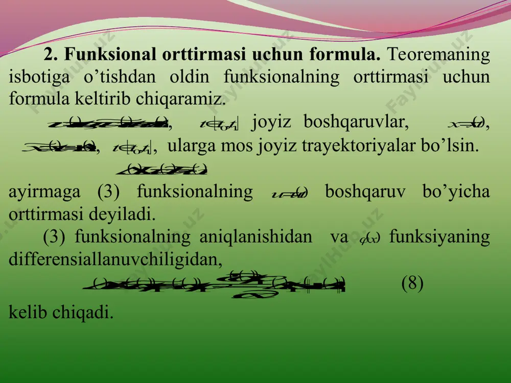  (28) mavjud. shunday qilib, (26) va (27) dan 1,vkt (29) kelib chiqadi, bu yerda  l evkk 1 . yendi  tx v  funksiyani   1 ,t oraliqda qaraymiz. bu yerda u (20) tenglamani va (29) ga ko’ra , 1vk (30) boshlang’ich shartni qanoatlantiradi. soddalik uchun,(22) dagi l lipshis o’zgarmasidan foydalanib va (19) ni integral shaklda yozib, quyidagiga yega bo’lamiz:        tt dxlkduxfuxxfxtx   1 ,,,, bu ham (24) ga o’xshash tengsizlikdir. shuning uchun, bu yerda ham (26) tipidagi tengsizlik o’rinli. demak, 1ltvxtke . bu yerdan 21,vxtktt (31) tengsizlikni olami z, bunda    tl vkk 2 o’zgarmas ε ga bog’liq emas.   01 ttl vkk   bo’lsin. kkkk  21 , ekanligi ravshan. u vaqtda  0tx v  , 0 tt , (29), (31) munosabatlarni birlashtirib,  10 ,tt oraliqda  tx trayektoriyaning “ignasimon” variatsiyasiga …