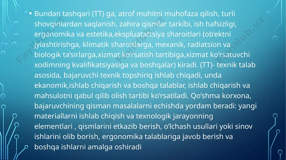oimiy komissiyaning aniqlashiga ko’ra, kompleks standartlashda, standartlash ob’ektiga nisbatan, maqsadli va rejali planlashtirish va o’zaro bog’liq talablarni va uning asosiy elementlarini, konkrent muammoni, optimal echimini ta’minlashga mo’ljallangan. bunda, standartlashga nafaqat ishlab chiqarish ob’ekti (uning konstruktsiyasi tuzilishi), balki materiallar, yarim tayyor mhsulotlar, qurilmani bezagi va texnologik jarayonlar kiradi. standartlashning ilg’or xarakteriga, standartlar ishlab chiqarish orqali erishiladi, hali loyixalashtirilmagan, tadqiq etilmagan va seriyali ishlab chiqilmagan mahsulot uchun, bunda asosiy e’tibor, ilg’or sandartni tashkil etishga qaratiladi. loyihalashda, o’ziga bajarilishi kerak bo’lgan normalarni (talablarni) olgan standartlardan xujjatlar shaklida foydalaniladi. xalq xo’jaligi sohalarini o’z ichigi qamrab olgan mahsulotlardagi standartlarni ko’rib chiqamiz. davlat standartlari o’z.r (dst), ko’p miqdordagi yoki seriyali ishlab chiqarish mahsulotlari uchun o’rnatiladi: sohalararo qo’llanilish imkoniyati bor bo’lgan mahsulot uchun. dts ishlab chiqariladigan retning konstruktiv parametrlariga, ularning mexanik, klimatik, radiatsion ta’sirlarga chidamliyligiga bo’lgan talablarni o’rnatadi hamda ishlatiladigan terminlarni aniqlaydi. korxona standartlari, chegaralangan yoki rivojlangan xarakterga ega bo’ladi, davlat, soha bo’yicha, respublika standartlariga korxonaning xususiyatiga …