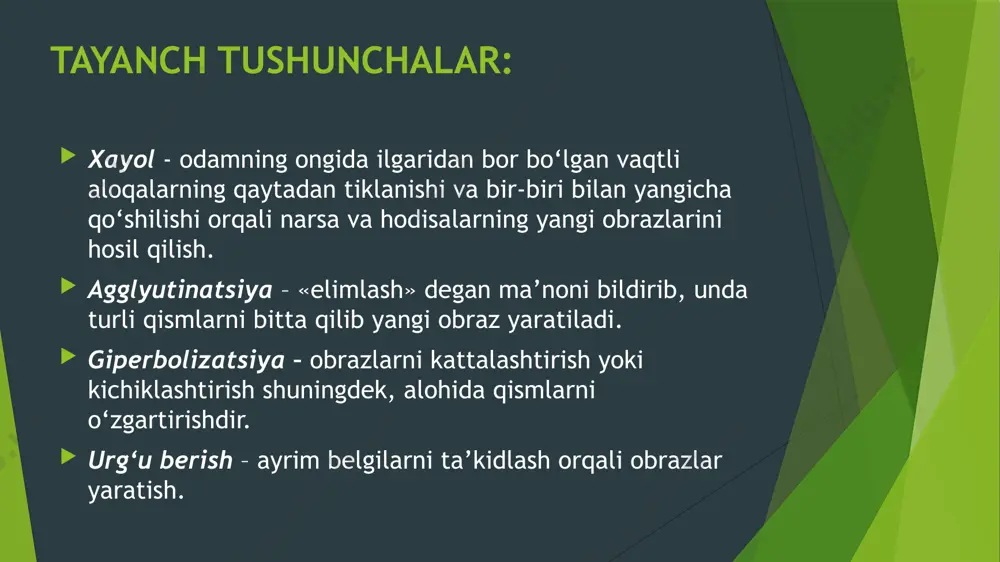 i mumkin. xayolning bu turi asosan ong faoliyatining, ikkinchi signallar tizimining susayishida, odamning vaqtinchalik harakatsizlik holatida, uyqisirash holatida, affekt holatida, uyqida (tush ko`rish), ongning kasallikka uchrab buzilishida (gallyutsinatsiyada) va shu kabilarda sodir bo`ladi. xayol turlari passiv xayolning aksi bo`lgan aktiv xayol ijodiy va qayta tiklovchi xayol turlariga bo`linadi. ma`lum bir asosga, yozuvlarga, chizmalarga asoslanib ularga muvofiq keladigan obrazlar tizimini yaratuvchi xayol qayta tiklovchi xayol deyiladi. ijodiy xayol qayta tiklovchi xayoldan farq qilgan holda, orginal va qimmatli moddiy mahsulotlarda amalga oshiriladigan yangi obrazlarni yaratish. ijodiy xayol barcha turdagi texnik, badiiy va boshqa ijodiyotning ajralmas qismini tashkil qiladi. xayol haqida tushuncha. xayol bilim darajasida ularni ifoda etayotgan odamning idrok sohasida mavjud bo'lmagan tasvirlarni (yoki sahnalarni) yaratish qobiliyati, har qanday hissiy modallikda uyg'otadigan elementlarning kiritilishi bilan tajribali bo'lish. shu tarzda nafaqat vizual tarkibni, balki ularga hamroh bo'lgan hissiyotlarni (ijobiy va salbiy) o'z ichiga olgan o'tmishdagi vaziyatlarni ko'paytirish mumkin. xayol haqida tushuncha. shuningdek, u …