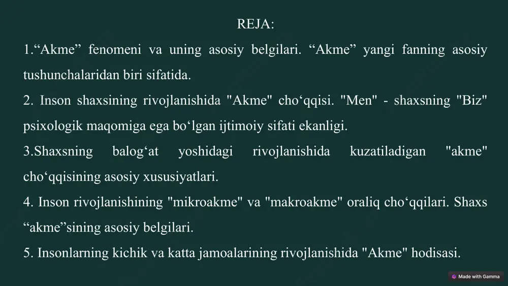 i g'oyalar va echimlar taklif qilish. bilimlar keng doiradagi bilimlarga ega bo'lish, ularni tahlil qilish va qo'llash. muammolarni hal etish murakkab muammolarni hal etishda samarali echimlar topish. 6 "akme" davridagi ma'naviy-axloqiy xususiyatlar 1 insoniylik boshqalarga nisbatan hamdardlik va g'amxo'rlik, adolat va rostgo'ylik tamoyillariga amal qilish. 2 mas'uliyat o'z harakatlari va qarorlarining oqibatlarini anglash, ular uchun mas'uliyatni o'z zimmasiga olish. 3 yaxshilik jamiyatga foyda keltiradigan ishlarni qilish, o'zining salohiyatini jamiyat manfaatlari uchun ishlatish. 7 "akme" davridagi ijtimoiy munosabatlar hamkorlik boshqalar bilan birgalikda ishlash, o'zaro hurmat va o'zaro yordam ko'rsatish. muloqot to'g'ri va samarali aloqa qilish, fikr va g'oyalarni o'zaro almashish. ta'sir jamiyatda o'zining ijobiy ta'sirini o'tkazish, boshqalarga o'rnak bo'lish. 8 "akme" davrining inson hayotidagi ahamiyati insonning "akme" davri uning hayotining eng muhim va samarali davridir. ushbu davrda inson o'zining yuqori imkoniyatlarini ro'yobga chiqaradi, jamiyatga ijobiy hissa qo'shadi va o'zining hayotini mazmunli qiladi. 9 akme fenomenining asosiy belgilari o'zini anglash inson o'z …