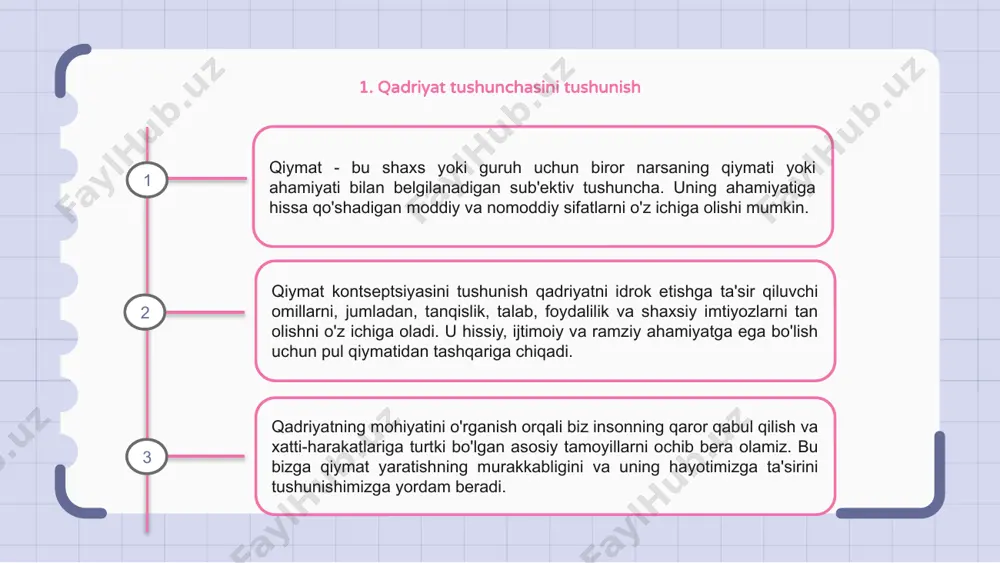 ijozlarning sodiqligini oshirish uchun o'zlarining qiymat takliflarini iste'molchilarning afzalliklariga moslashtiradilar. iste'molchilar qiymatni qanday qabul qilishlari va ustuvorliklarini tahlil qilish orqali korxonalar o'z mahsulotlari yoki xizmatlarining eng jozibali tomonlarini ta'kidlash uchun o'zlarining marketing strategiyalarini moslashtirishlari mumkin. qiymatni idrok etishni chuqur tushunish kompaniyalarga raqobatbardosh bo'lish va maqsadli auditoriya bilan rezonanslashish imkonini beradi. 1 2 3 7. manfaatdor tomonlarga qiymatni etkazish qiymat tushunchasi manfaatdor tomonlarning ehtiyojlari va umidlarini qondirishdan iborat. u mijozlar ehtiyojini qondirish va tashkilot muvaffaqiyatiga hissa qo'shadigan moddiy va nomoddiy elementlarni o'z ichiga oladi. qiymatni manfaatdor tomonlarga etkazish samarali xabar almashish va maqsadlarni moslashtirishni o'z ichiga oladi. bu jarayon ishonchni mustahkamlash, munosabatlarni rivojlantirish va pirovardida biznes o'sishiga erishish uchun juda muhimdir. mahsulot yoki xizmat olib keladigan foyda va afzalliklarni aniq ifodalash orqali tashkilotlar manfaatdor tomonlar bilan rezonanslashadigan va ularni raqobatchilardan ajratib turadigan jozibali qiymat taklifini yaratishi mumkin. 8. raqobat ustunligi uchun qiymatdan foydalanish qiymat - bu shaxs yoki tashkilot uchun biror …
