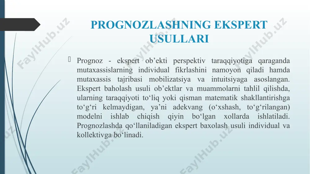 g‘ich qatorning saqlanish ahamiyati; yt-boshlang‘ich qatorning faktga asoslanish axamiyati; t=1,n. n-kuzatuvlar soni. ekstrapolyasiya usuli minimizatsiya talabi tenglik (0) nolga tenglashtirilganda bajariladi. bunda s minimal bo‘lishi hamda a va v parametrlar quyidagi normal tenglamalar sistemasini qoniqtirishi lozim. a va v parametrlari taalluqli bo‘lgan sistemani hisoblab, ularning axamiyatini aniqlaymiz. prognozlashda delfi usuli u aqsh da xx asrning 60-yillarida yaratilgan. u sirtdan so‘rov o‘tkazishga asoslangan. uning xususiyatlari: sirtqi, anonim, so‘rovlar bir necha bosqichlarda o‘tkaziladi, teskari aloqa mavjud, birinchi turdan tashqari xar gal ekspertlar oldingi tudagi natijalar xaqida axborot olishadi. dastlab ekspertlarga anketalar tarqatiladi, unda muammo izoxlanadi, savollar ro‘yxati va unga javob berish tavsifi keltiriladi. regression tahlil regretsion tahlil - o‘rganilayotgan tasodifiy xarakatning tasodifiy me’yorini va o‘rganilayotgan mikdoriy o‘zaro munosabatlar o‘rtasidagi boglanishni ishlash uchun ko‘llaniladi. ya’ni, tasodifiy va iktisodiy me’yorlar o‘rtasidagi boglanish regretsiya deb ataladi. regretsion taxlil–ushbu boglanishning taxlili usulidir. regressiya tenglamasi regressiya tenglamasi vazifasiga ko‘ra bo‘linadi. masalan, to‘gri chiziqli tenglama. darajali tenglama ko‘rsatkichli …