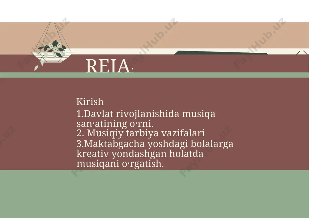 i. 1. davlat rivojlanishida musiqa san‘atining o‘rni. 4 musiqa - estetik tarbiya, demokratik jamiyat kishisini garmonik tarbiyalash yo'lida olib borilayotgan ulkan ishning tarkibiy qismiga aylanmog'i kerak. bolalar bilan musiqali ish olib borish ayniqsa katta ahamiyat kasb yetadi. musiqa san'ati va ta'lim- tarbiyasi kishidagi insoniy fazilatlarni rivojlantirib, ruhiy poklanish va yuksalishga da'vat etadigan insonning ichki olamini boyitadigan, iymon-e'tiqodini, irodasini mustahkamlaydigan, ijodini uyg'otadigan qudratli kuch - ma'naviyatning yuksalishini ta'minlaydi. 5 maktabgacha ta'lim tashkilotlarida musiqa mashg'ulotlarini tashkil etishning vazifalari quyidagilardan iborat: maktabgacha yoshdagi bolalarda musiqaga mehr- muhabbat va qiziqish uyg'otish, boshlang'ich musiqali didni tarbiyalash. maktabgacha yoshdagi bolalarda musiqani idrok etishga, uning tinglash qobiliyati, estetik didi, umumiy madaniyatni rivojlantirish. maktabgacha yoshdagi bolalarda musiqali qobiliyatni o 'stirish, musiqali didni shakllantirish, badiiy ijodkorlik iqtidorini rivojlantirish. 6 musiqa asarlarini idrok etishni tarbiyalash musiqa tinglashga, kuylashga, musiqa asboblarini chalishga, musiqali ritmik harakatlarga o 'rgatish metod va usullari. musiqaviy qobiliyat, musiqaga emotsional munosabat, musiqani tinglay bilish, ritmni his etish …