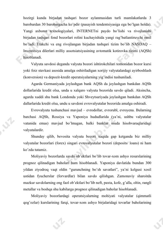 in, rangli metallar va boshqa shu kabilarga prognoz qilinadigan baholar hisoblanadi. moliyaviy bozorlardagi operatsiyalarning mohiyati valyutalar (qimmatli qog’ozlar) kurslarining farqi, tovar-xom ashyo birjalaridagi tovarlar baholarining yoki qimmatli qog’ozlar kotirovkalari indekslarining o’zgarishi sifatida daromad olishdan iboratdir. globallashuv jarayonlarining kengayishi jahon mamlakatlari o’rtasidagi iqtisodiy munosabatlarning yanada takomillashuviga olib keladi. jumladan, globallashuv natijasida transmilliy korporatsiyalar, ularning turli ko’rinishdagi xalqaro birlashmalari faoliyatining tarkib topishi va kengayishi, xalqaro ishlab chiqarish kooperatsiyasi va mehnat taqsimotining nisbatan yuqori darajaga o’tishi, xalqaro iqtisodiy tashkilotlar faoliyatining yanada kuchayishi ro’y beradi. umuman olganda, globallashuv jarayonlari jahon xo’jaligining yaxlit iqtisodiy tizim sifatida rivojlanishida sifat bosqichi hisoblanib, yangi imkoniyatlarni ochib beradi. xalqaro moliyaviy markazlar deganda xalqaro valyuta, kredit, moliyaviy operatsiyalar hamda qimmatli qog’ozlar va oltin bilan bitimlarni amalga oshiruvchi banklar va ixtisoslashgan moliya-kredit tashkilotlarining to’plangan joyi tushuniladi. dastlab ular sanoat jixatidan rivojlangan mamlakatlar (aqsh, g’arbiy evropa) da barpo etilgan. keyinchalik esa ma’lum omillarning ta’siri ostida ularning joylashishi kengayib bormoqda. agarda tokio yaponiyaning …
