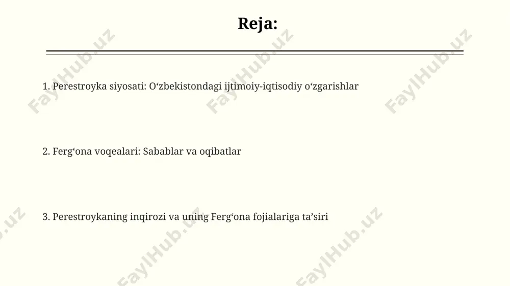 200 дан ортиқ оиланинг кўчиши перестройка сиёсатининг асосий камчиликларидан бири бўлиб, янги миллий давлатларнинг шаклланишига таъсир кўрсатди. 1989-yilgi fergana voqealari: sabablari va kechishi perestroyka davrida yuzaga kelgan iqtisodiy inqiroz va hukumatning zaifligi, fergana vodiysi kabi etnik jihatdan xilma-xil hududlarda zo'ravonliklarning avj olishiga turtki bo'ldi, natijada 1000 dan ortiq odam halok bo'ldi. 1989-yilgi fergana voqealari, asosan, milliy va etnik ziddiyatlar, shu jumladan o'zbek va qirg'iz aholisi o'rtasidagi yer, suv va iqtisodiy resurslar uchun raqobat natijasida yuz bergan. qirg'iziston chegarasiga yaqin joylashgan fergana vodiysining 10 dan ortiq tumanida zo'ravonliklar kuzatildi, minglab odamlar qochqin bo'lib, o'zbekistonning boshqa hududlariga qochishga majbur bo'lishdi. hukumatning javobi va oqibatlari hukumatning millatchilikka qarshi choralar koʻrishi oʻrniga, 1989 yildagi fergʻona voqealariga etnik toʻqnashuvlar sifatida javob berishi, 1000 dan ortiq odamning koʻchirilishiga va ijtimoiy keskinlikning oshishiga olib keldi. fergʻona voqealariga hukumatning zaif va tartibsizliklarni bostirishga qaratilgan qoʻpol choralarini qoʻllash, oʻzbekistonning boshqa hududlarida ham shunga oʻxshash voqealar yuz berishiga sabab boʻldi, …