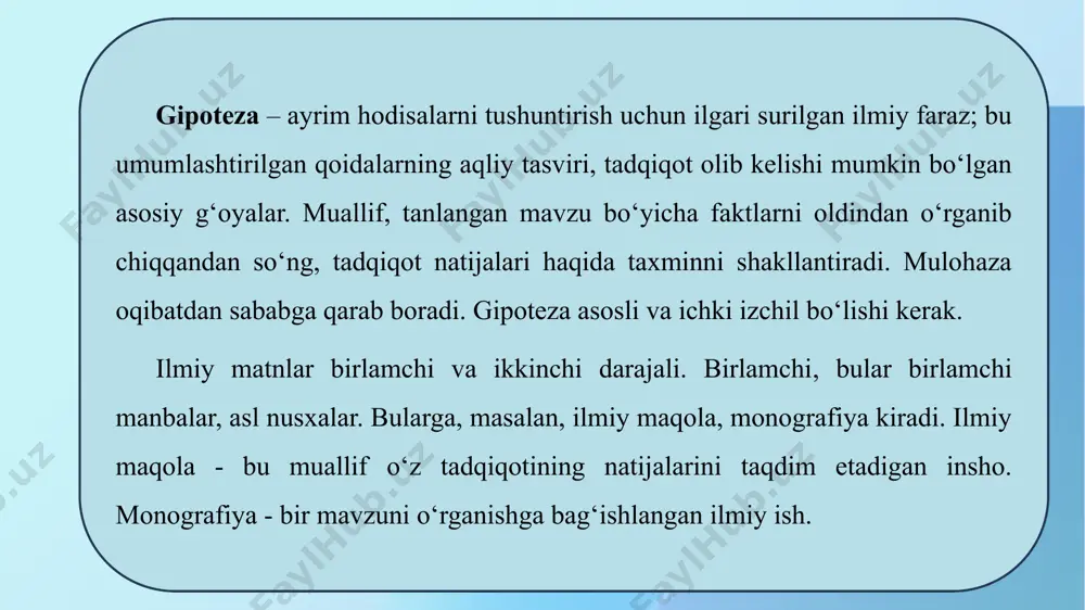 ntirish aniq va qisqa, mantiqiy jihatdan to‘g‘ri bo‘lishi kerak. agar maqsad bitta bo‘lishi mumkin bo‘lsa, unda bir nechta vazifalar bo‘lishi kerak, ular maqsadga erishish taktikasini ifodalaydi. ko‘pincha vazifalarning matni asosiy qismning boblari va paragraflari sarlavhalariga to‘g‘ri keladi. topshiriqlar sanab o‘tish shaklida beriladi. bibliografiya va ilovalar ham muhim elementlardir. universitet amaliyotida talabalar ikkinchi darajali matndan keng foydalanadilar. u siqilish (lotincha siqish) natijasida yaratilgan. siqish yordamida matn hajmi kichikroq bo‘ladi, asosiy qoidalar va undagi eng muhim fikrlarni ajratib ko‘rsatish osonroq bo‘ladi matn 1. kompyuter o‘ylashga harakat qiladi kompyuter hech qachon odamlar kabi fikr yuritadimi? bugungi kunda bu savolga ijobiy javob berish uchun hech kim ishonchli tarzda bahslasha olmaydi. shunga qaramay, elektronikaning rivojlanishi mashina va aqlli mavjudot o‘rtasidagi masofa asta-sekin kamayib borayotganini ko‘rsatadi. kompyuter ixtiro qilinganidan keyingi dastlabki o‘n yilliklarda uning vazifasi faqat hisoblash ishi edi. xx asrning 70-yillaridan boshlab. tegishli texnika raqamli ma’lumotlarni qayta ishlashdan turli xil belgilar tizimlariga, shu jumladan matnlarga …