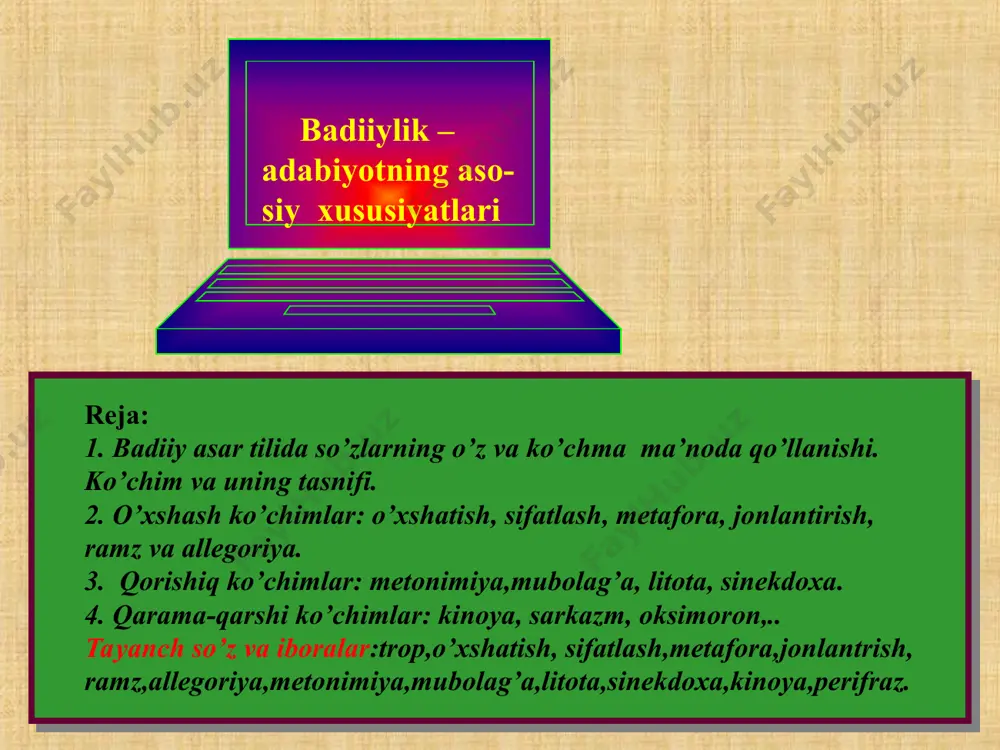 onov. adabiyot nazariyasi asoslari. t.,2018. 4. a. ulugóv. adabiyotshunoslik nazariyasi. t., 2018. 5. izzat sulton. adabiyot nazarisi. t., "o’qittuvchi”.t.,1986. 6. c.мамажонов.услуб, образ, тасвир воситалари. manba: adabiyot nazariyasi, 1-tom, t., fan, 1978, 232-268-betlar. 7. а. сабирдинов. ойбек шеърлари истиора ва образ. т., 1991. 8. бадиий ижод ҳақида. т., ўзадабийнашр, 1970, 72-бет. 9. т. расулов. бадиий образ ва тасвирий воситалар.т.,1997. 10. о. каримов. абдулла орипов шеърларида метафорик образлар. т., “академнашр”, 2014. 11. o.karimov. adabiyotshunoslik nazariyasidan uslubiy qo’llanma. namangan-2020. *