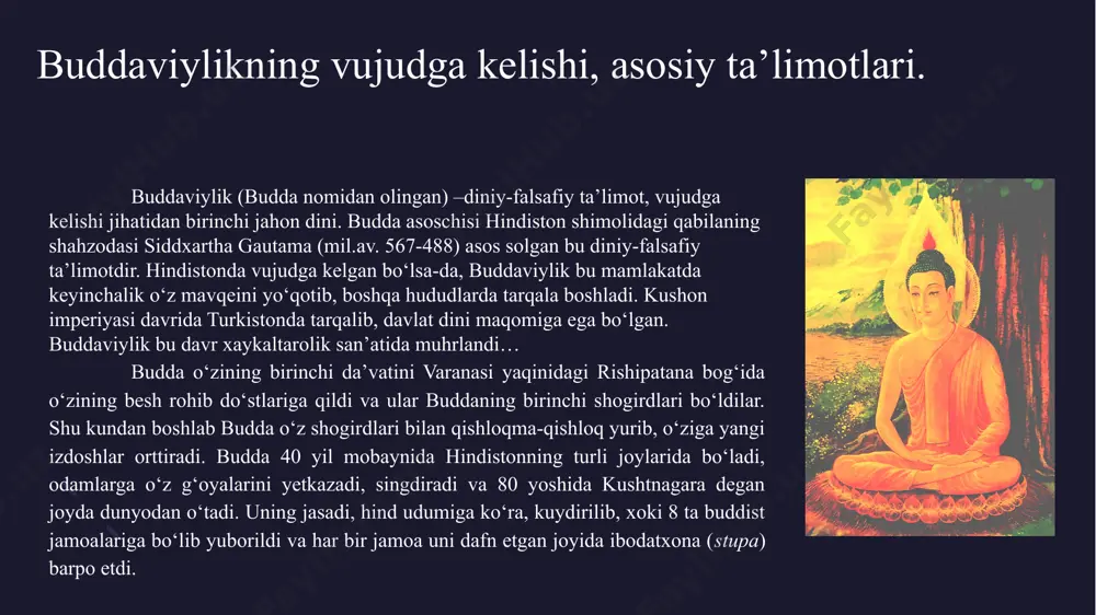 bo‘lishgan. agar hinayanada bu dunyoning azoblaridan faqatgina rohib qutuladi deb hisoblansa, mahayanada xudoga iltijo qilib, rohiblarga in’om beruvchi har qanday kishi najot topishi mumkin, deb ishontiriladi. undan tashqari mahayanada jannat haqidagi ta’limot ham qo‘shilgan. buddaviylik ta’limoti, asosan, uch qismdan iborat: 1) axloq; 2) meditatsiya; 3) donolik. 1.axloq normalari – «pancha shila» (buddaning besh nasihati): qotillikdan saqlanish,o‘g‘rilikdan saqlanish,gumrohlikdan saqlanish,yolg‘on, qalbaki narsalardan saqlanish, mast qiluvchi narsalardan saqlanish. 2.meditatsiya -to‘g‘ri tushunish (to‘g‘ri e’tiqod qilish),to‘g‘ri niyat qilish ,o‘zini to‘g‘ri tutish ,to‘g‘ri harakat qilish, to‘g‘ri hayot kechirish, to‘g‘ri fikr yuritish,to‘g‘ri gapirish 3.donishmandlik – bu buddaviylikning asosiy maqsadi bo‘lib, narsalar tabiatini to‘g‘ri tushunishdan iborat. meditatsiya(fikrlash) to`g’ri tushunish (to`g’ri e`tiqod qilish) – buddaning birinchi da`vatida so`z yuritilgan to`rt haqiqatni bilish va unga ishonish; to`g’ri niyat qilish – dunyoviy lazzat-halovatlardan xalos bo`lishga, keraksiz fikrlar va boshqalarga zarar etkazib qo`yishdan saqlanishga intilish; o`zini to`g’ri tutish – o`ziniki bo`lmagan narsaga ko`z olaytirmaslik, ortiqcha hissiyotga berilmaslik; to`g’ri anglash – o`z tanasi …
