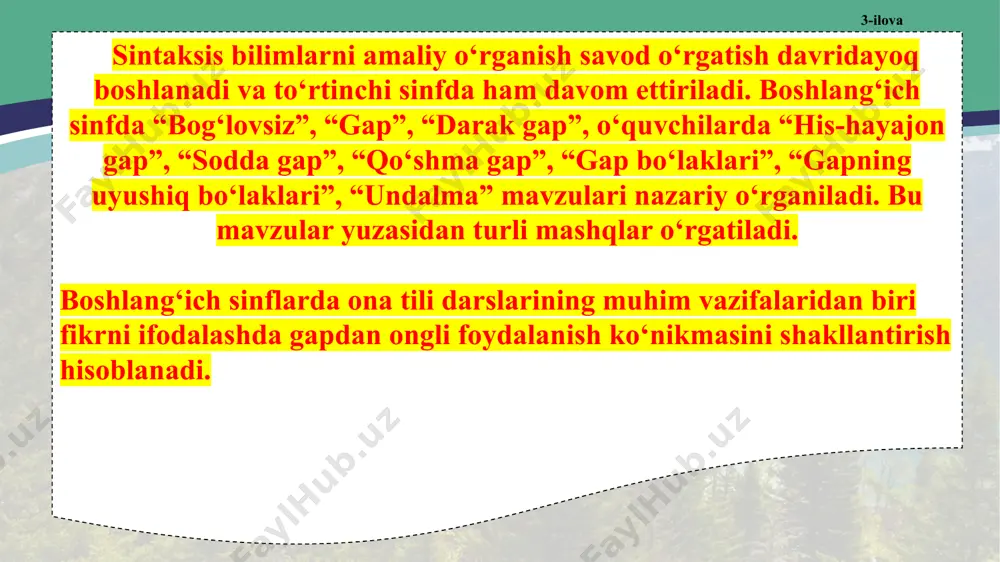 lar qaysi gap bo‘lagiga bog‘lanib, uni izohlab kelayotganini aniqlaydilar. ikkinchi darajali bo‘laklarning xususiyati gapni yoyish (yig‘iq gapni yoyiq gapga aylantirish) jarayonida yaqqol ko‘rinadi. masalan, o‘quvchilar qaldirg‘ochlar uchib keldi gapini yozadilar. fikrni to‘liq ifodalash uchun gapga qayerga? va qachon? so‘roqlariga javob bo‘lgan so‘zlarni qo‘yish topshiriladi. o‘quvchilar bu vazifani bajarib, qaysi gap bo‘lagi (ikkinchi darajali bo‘lak)fikrni yana aniqroq ifodalaganiga ishonch hosil qiladilar. o‘quvchilarda gapda so‘zlarning bog‘lanishini aniqlash ko‘nikmasini shakllantirish muhim sintaktik va nutqiy ko‘nikmalar qatoriga kiradi. so‘z birikmasi gap qismi sifatida ajratiladi va boshlang‘ich sinflarni uning muhim belgilari idrok qilinadi. ”so‘z birikmasi” atamasi darsliklarga kiritilmagan, ta’rifi berilmaydi. ammo kichik yoshdagi o‘quvchilar uning quyidagi muhim belgilarini amaliy bilib olishlari zarur: 1. so‘z birikmasi mazmun va grammatik tomondan bog‘langan ikki so‘z. masalan, dunyo xalqlari tinchlik uchun kurashadilar gapida ikki so‘z birikmasi bor: 1) dunyo xalqlari; 2) tinchlik uchun kurashadilar. 2. so‘z birikmasida bir so‘z hokim ikkinchi so‘z tobe bo‘ladi. hokim so‘zdan tobe so‘zga so‘roq …