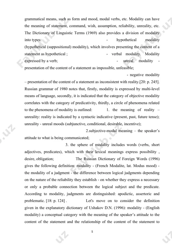 7] . linguist v.v. vinogradov in his work “russian language” gave a broader definition of modality. it follows from it that “modality is not only a characteristic of reality and unreality, but also the attitude of the speaker to what is being expressed.” from the definition it is clear that there are two types of modality: objective and subjective, but in the text it is difficult to distinguish a clear boundary between them. many researchers believe that modality in a text is subjective. [13: p. 23] 1.2. modality categories as already noted by g.f. musaeva, the category of modality is differentiated into two types: objective and subjective. objective modality is a mandatory feature of any utterance, one of the categories that form the predicative unit - a sentence. this type of modality expresses the relationship of what is being communicated to reality in terms of reality (realization or feasibility). objective …