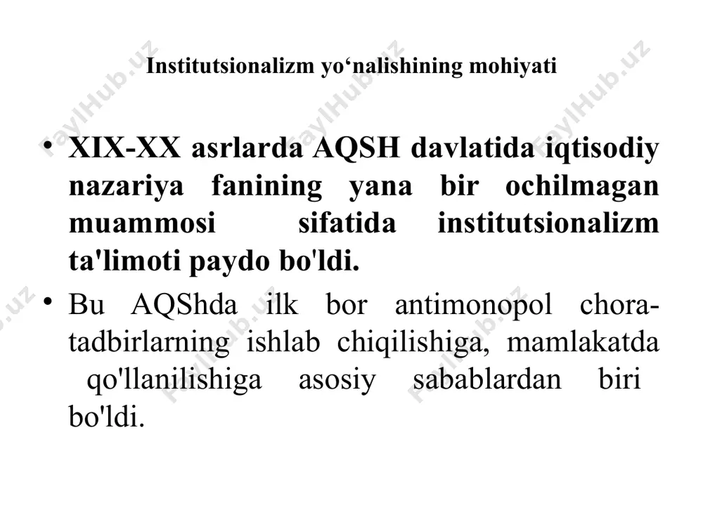 timoiy taʼminot (16,4 million kishi). xodimlarning taxminan 12% kasaba uyushmalariga aʼzo hisoblanadi amerika qoʻshma shtatlari milliy daromadi amerika qoʻshma shtatlari milliy daromadining 66,3% sanoatda hosil qilinadi. ular orasida: „ekson“, „mobil“, „teksako“, „shevron“, „standard oyl of kaliforniya“, „standard oyl of indiana“, „galf oyl“ neft, „jeneral motore“, „ford motor“, „kraysler“ avtomobil, „ibm“, „jeneral elektrik“, „itt“ elektr mashinasozligi, „yu. s. stil“ poʻlat quyish, „dyupon de nemur“ kimyo va boshqa korporatsiyalar bor. harbiy sanoat korporatsiyalari orasida „jeneral daynemiks“, elektr energiyaning 74% issiqlik elektr stansiyalarida, 12,1% geslarda, 14,1% aeslarda hosil qilinadi. qishloq xoʻjaligi amerika qoʻshma shtatlari milliy daromadining 8% dan koʻprogʻi qishloq xoʻjaligida hosil qilinadi. mamlakatda 2 mln.ga yaqin fermer xoʻjaligi bor, bir fermer xoʻjaligi oʻrta hisobda 190 ga yerda dehqonchilik qiladi. mehnatga yaroqdi aholining 2,5% qishloq xoʻjaligida band. davomi amerika qoʻshma shtatlari da asosan makkajoʻxori, soya, paxta, tamaki, sholi, kartoshka, kungaboqar, qand lavlagi, shakarqamish va boshqa ekiladi. «institutsionalizm» atamasi «institutsionalizm» atamasi asosida «institut» tushunchasi …