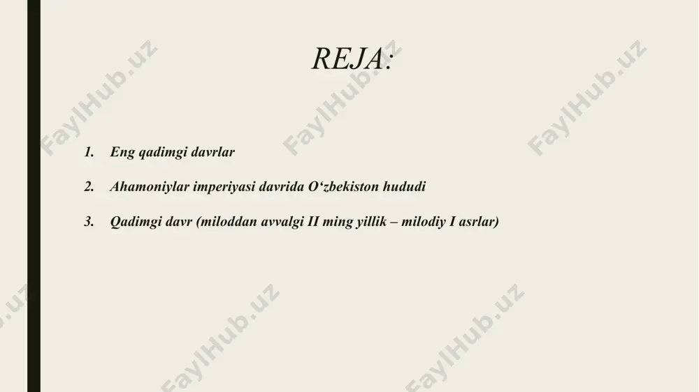 eyinchalik hudud asta-sekin mustaqil feodal mulklarga bo‘lina bordi. temuriylar davlati (xiv–xvi asr boshlarida) xiv asrda amir temur kuchli markazlashgan davlat tuzdi. samarqand poytaxt bo‘lib, ilm-fan, me’morchilik, madaniyat rivojlandi (ulug‘bek davri mashhur). xvi asr boshlarida temuriylar zaiflashib, ularning o‘rnini shayboniylar egalladi. o‘zbekiston hududi qadim zamonlardan buyon sharq sivilizatsiyasining markazlaridan biri bo‘lib kelgan. bu yerda turli davrlarda davlat tuzilmalarining shakllanishi, yuksalishi va inqirozi, yangi sulolalar va imperiyalar almashuvi yuz bergan. qadimiy so‘g‘diyona, baqtriya, xorazm kabi hududlar davlatlilik tarixining eng muhim bo‘g‘inlarini tashkil qiladi. qadimgi davr (miloddan avvalgi ii ming yillik – milodiy i asrlar) o‘zbekiston hududida eng qadimiy sivilizatsiyalar shakllanib, o‘troq dehqonchilik va chorvachilik rivojlandi. so‘g‘diylar, baqtriyaliklar, xorazmiylar ilk davlat uyushmalarini barpo qildilar. miloddan avvalgi vi asrda bu hududlar eron ahamoniylar imperiyasi tarkibiga qo‘shilib, satrapliklarga bo‘lindi. miloddan avvalgi iv asrda aleksandr makedonskiy yurish qilib, hududni zabt etdi, lekin mahalliy xalq spitamen boshchiligida kuchli qarshilik ko‘rsatdi. keyinchalik yunon-baqtriya podsholigi vujudga keldi. milodiy i …