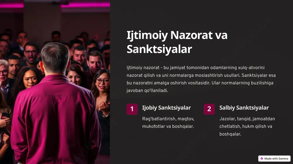 ashuv xulosa qilib aytganda, inson xatti-harakatlarini boshqarish murakkab jarayon bo'lib, u turli ijtimoiy-psixologik omillar bilan bog'liq. shaxsning shaxsiyati, ijtimoiy normalar, sanktsiyalar, rollar va imitatsiya kabi omillar xatti-harakatlarni shakllantirishda muhim rol o'ynaydi. yaxlit yondashuv orqali bu omillarni to'liq tushunish va samarali boshqarish mumkin. 10 image1.png image2.png image3.png image4.png image5.png image6.png image7.png image8.png image9.png image10.png image11.png image12.png image13.png image14.png image15.png image16.png