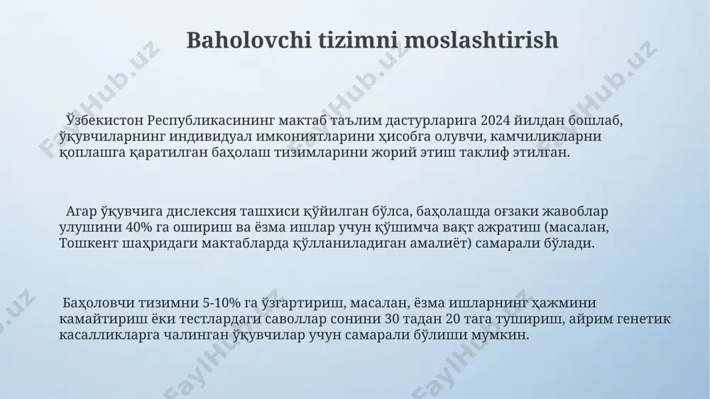 a, maxsus jihozlangan 2 ta qo‘shimcha sinf xonasi va 3 nafar malakali mutaxassis (psixolog, defektolog, logoped) bilan ta’minlash muhim. samarqanddagi inklyuziv maktablarda 10% ga yaqin o‘quvchilar genetik kasalliklar bilan og‘rishadi va ular uchun 20 dan ortiq turdagi individual o‘quv dasturlari ishlab chiqilgan. genetik kasalliklarning turlari va ularning ta'siri genetik kasalliklarning 1000 dan ortiq turi mavjud bo'lib, ularning 70%i bolalik davrida namoyon bo'ladi va dunyo bo'ylab, jumladan o'zbekistonning andijon viloyatida ham tarqalgan. xromosoma anomaliyalari, masalan, daun sindromi (21-xromosoma trisomiyasi), fizik rivojlanishning kechikishiga va aqliy zaiflikka olib kelishi mumkin, bu esa maxsus ta'lim va qo'llab-quvvatlashni talab qiladi. fenix tipidagi genetik kasalliklar, masalan, muskulyar distrofiya, mushaklarning zaiflashuviga va 30 yoshga borganida harakatlanish qobiliyatining pasayishiga olib keladi, bu esa bemorlarning hayot sifatini sezilarli darajada pasaytiradi. psixologik qo'llab-quvvatlash o'quvchilarning o'ziga xos genetik kasalliklari bilan bog'liq qo'rquv va tashvishlarini bartaraf etish uchun, 5 bosqichli kognitiv-xulq terapiyasi usullarini qo'llash tavsiya etiladi. andijon viloyatida o'tkazilgan tadqiqotlar shuni ko'rsatdiki, …