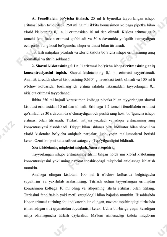 keltirilgan formula bo’yicha hisoblanadi. olingan miqdor 10 ga kopaytiriladi (titrlashga hosil qilingan eritmaning - qismi olingan) va analiz uchun berilgan kislotaning umumumiy miqdori hisoblanadi. adabiyotlar: 1. q. axmerov, a. jalilov, r. sayfutdinov. umumiy va anorganik kimyo. toshkent: “o’zbekiston”, 2003. 2. k. rasulov, sh. mirkomilov, m. nishonov, m. sodiqov. anorganik kimyo. toshkent: fan va texnologiya, 2012. 3. к. расулов, о. юлдошев, б. қораболаев. умумий ва анорганик кимё. т.: «ўқитувчи», 1996. 4. n.a. parpiyev, x.r. raximov, a.g. muftaxov. anorganik kimyo nazariy asoslari. toshkent. «o’zbekiston». 2000y 5. bozorov n.i. umumiy kimyo. toshkent: adabiyot uchqunlari, 2017.-368 b. 6. raymond chang.general chemistry:the essential concepts. mcgraw-hill education; enland. -2013. 7. analitical chemistry. 6th. edition. gary d. christian.university of washington.2004.848 8. paula yurkanis bruice, organik chemistry, new york, usa, 2016 9. o. fayzullayev. analitik kimyo. t: yangi asr avlodi. 2006 y. 10. м.т. ғуломов, т.норов, н.туропов. analitik kimyo.t.: ворис нашриёти, 2009 й. 11. shoymardonov r. organik kimyodan …