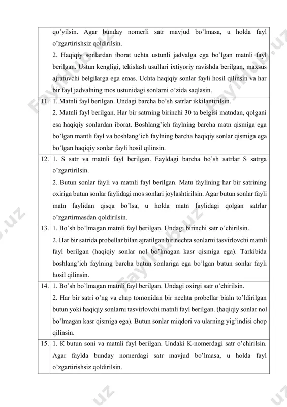va chap tomonidan bir nechta probellar bilan to’ldirilgan. shu sonlar miqdori va ularning yig’indisi chop qilinsin. 18. 1. к butun soni va matnli fayl berilgan. faylning har bir satridan birinchi к ta belgi o’chirilsin. (agar satr uzunligi к dan kichik bo’lsa, u holda satrning hamma belgilari o’chirilsin). 2. n butun soni va а, в haqiqiy sonlari berilgan. sin(x) va cos(x) funksiyasining [a, b] oraliqdagi (b-a)/n qadam bilan hosil bo’luvchi qiymatlari jadvalini saqlovchi matnli fayl hosil qilinsin. jadval uchta ustundan iborat: x argumentli (8 ta pozitsiya va uning 4 tasi kasr qismi) va sin(x) hamda cos(x) ning qiymatlari (12 ta pozitsiyadan va ulardan 8 tasi kasr qismi). ustunlar o’ng tarafdan tekislanadi. 19. 1. matnli fayl berilgan. fayldagi hamma katta lotin harflari kichik harflarga va aksincha, barcha kichik lotin harflari katta harflarga almashtirilsin. 2. n butun soni va а, в haqiqiy sonlari berilgan. funksiyasining [a,b] oraliqdagi (b-a)/n qadam bilan hosil bo’luvchi qiymatlari …