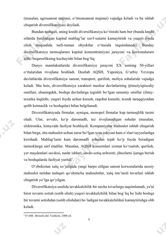 ujudga keladi. shu bois, diversifikatsiya xarakteri mazkur davlatlarning ijtimoiyiqtisodiy omillari, shuningdek, boshqa davlatlarga tegishli boʻlgan umumiy omillar (ilmiy-texnika inqilobi, yuqori foyda uchun kurash, raqobat kurashi, texnik taraqqiyotdan qolib ketmaslik va boshqalar) bilan belgilanadi. diversifikatsiyada firmalar, ayniqsa, monopol firmalar kup tarmoqlilik tusini oladi. ular, avvalo, koʻp daromadli, tez rivojlanadigan sohalar (masalan, elektronika, kimyo)da faoliyat boshlaydi. kompaniyalar mahsulot ishlab chiqarish bilan birga, shu mahsulot uchun zarur boʻlgan xom ashyoni ham oʻzlari tayyorlashga kirishadi. mablagʻlarni kam daromadli sohadan tejab koʻp foyda beradigan tarmoklarga sarf etadilar. masalan, aqsh konsernlari xizmat koʻrsatish, qurilish, yer maydonlari savdosi, nashr ishlari, savdo-sotiq axboroti, jihozlarni ijaraga berish va boshqalarda faoliyat yuritdi[footnoteref:4]. [4: oʻzme. birinchi jild. toshkent, 2000-yil.] oʻzbekistan xalq xoʻjaligida yangi barpo etilgan sanoat korxonalarida asosiy mahsulot turidan tashqari qoʻshimcha mahsulotlar, xalq isteʼmoli tovarlari ishlab chiqarish yoʻlga qoʻyilgan. diversifikatsiya usulida tavakkalchilik bir necha tovarlarga taqsimlanadi, ya′ni biror tovarni sotish (sotib olish) yuqori tavakkalchilik bilan bog`liq bo`lishi boshqa bir tovarni …
