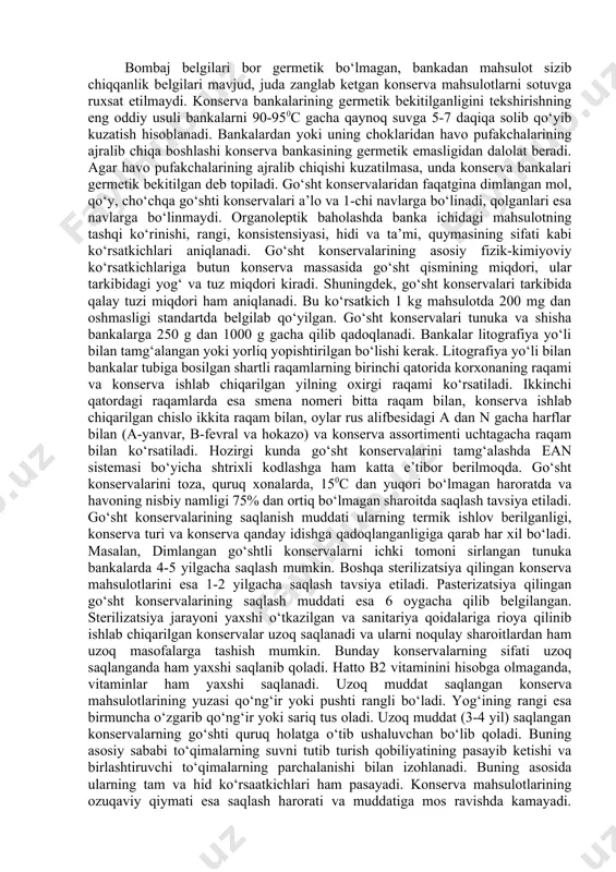 qorishgan, kulrang dog‘lari va bo‘shliqlari bo‘lmasligi, tarkibida kolbasaning har qaysisiga xos cho‘chqa yog‘i bo‘lakchalari bo‘lishi kerak. qaynatilgan kolbasalarning hidi va ta’mi aynan shu turga xos, ziravorlar hidi va ta’mi sezilib turadigan, yoqimli, begona hid va ta’mlarsiz bo‘lishi kerak. dudlangan va chala dudlangan kolbasalarning ta’mi yoqimli, sal o‘tkir, sho‘rroq, dudlanganlik va ziravorlarning xushbo‘y hidi aniq sezilib turishi kerak. yuzasida quruq mog‘or dog‘lari bo‘lishi xom dudlangan kolbasalarga xos-xususiyat hisoblanadi. qaynatilgan kolbasalarda namlik ularning turiga qarab 55-80 %, tuz - 1,5- 3,5 %, kraxmal esa 1-3 % miqdorida bo‘ladi. xom dudlangan kolbasalarda namlik-25-30%, qaynatib-dudlanganlarida 43 %, yarim dudlangan kolbasalarda esa 35-60 % ni tashkil etadi. bu tur kolbasalarda tuz miqdori ularning turiga qarab 3 % dan 6 % gacha oraliqda bo‘ladi. hamma kolbasalar tarkibida nitritlar miqdori 100 g mahsulotda 5 mg dan oshmasligi belgilab qo‘yilgan. kolbasa toza, quruq taxta, faner, polimer yoki temir yashiklarga 30-50 kg massada joylashtiriladi. bitta yashikka faqat bir xil …