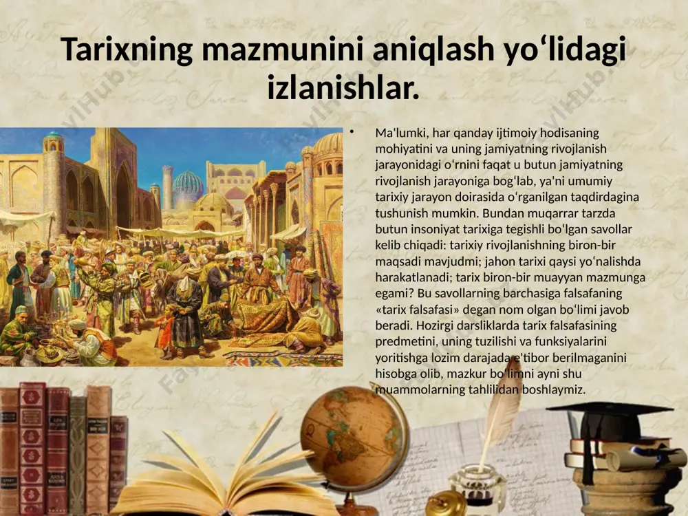 larni umuminsoniy qadriyatlar bilan uyg‘unlashtirish lozim. chunki biror millat o‘z qadriyatini boshqa millat qadriyatlaridan ajratib olib yarata olmaydi. har bir millat ma’naviyatida o‘ziga xos tomonlar bo‘lsa ham, u umuminsoniy qadriyatlarning bir qismidir. shu bilan birga unutmasligimiz kerakki, biz qurayotgan yangi jamiyat «binosi» uchun birinchi galda milliy qadriyatlar ustun bo‘lmog‘i lozim. biz, eng avvalo, milliy o‘zligimizni anglamog‘imiz, o‘z tafakkurimizni kashf etmog‘imiz lozim. o‘tmishimizda unutilgan shunday ulkan sarchashmalar borki, ularni puxta, atroflicha o‘rganmoq birinchi galdagi vazifadir. zamonaviy o‘zbekiston tarixi o‘zbekiston respublikasi prezidenti shavkat mirziyoyev: zamonaviy o‘zbekiston tarixi — mamlakatimizning islom karimov rahnamoligida olib borilgan og‘ir kurashlar tarixidir zamonaviy o‘zbekistonning tarixi — bu mamlakatning haqiqiy mustaqillikka erishish yo‘lida islom karimov rahnamoligida olib borilgan o‘ta murakkab va og‘ir kurashlar tarixidir. bu haqda o‘zbekiston respublikasi prezidenti vazifasini bajaruvchi shavkat mirziyoyev oliy majlis qonunchilik palatasi va senatining 8-sentabr kuni bo‘lib o‘tgan qo‘shma majlisidagi nutqida aytib o‘tdi. “milliy tariximizning eng keskin va tahlikali davrida, millatlararo to‘qnashuvlar va …