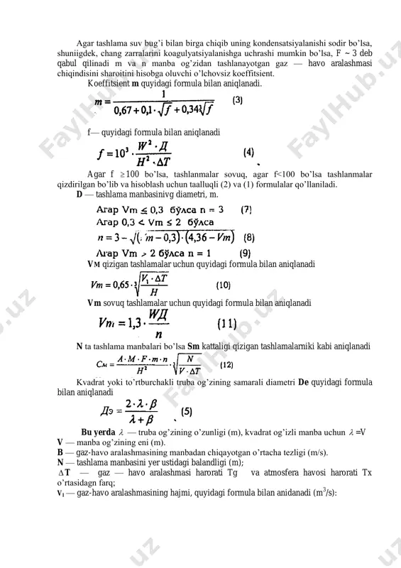 , o’rta povoljge, ural, ukraina uchun - 160, mdhning yevropa territoriyasining markaziy qismi uchun – 120ga teng m— atmosferaga tashlanayotgan zararli moddalar miqdori, g/s. bu kattalik loyihaning texiologik qismini hisoblab aniqlanadi yoki tegishli korxona normativlariga mos ravishda qabul qilinadi. f — zararli moddalarni atmosfera havosida cho’kish tezligini ehtiborga oluvchi o’lchovsiz koeffitsieit. gazsimon zararli moddalar va mayda dispers aerozol aralashmalar uchun f = 1 ; chang va qurum uchun, agar tozalashning o’rtacha ekspluatatsion koeffitsienti 90% va undan katta bo’lsa f= 2, 70-90%da f= 2,5 , 75% kam bo’lsa f = 3 ga teng bo’ladi. agar tashlama suv bug’i bilan birga chiqib uning kondensatsiyalanishi sodir bo’lsa, shuniigdek, chang zarralarini koagulyatsiyalanishga uchrashi mumkin bo’lsa, f ~ 3 deb qabul qilinadi m va n manba og’zidan tashlanayotgan gaz — havo aralashmasi chiqindisini sharoitini hisobga oluvchi o’lchovsiz koeffitsient. koeffitsient m quyidagi formula bilan aniqlanadi. f— quyidagi formula bilan aniqlanadi agar f 100 bo’lsa, tashlanmalar sovuq, …
