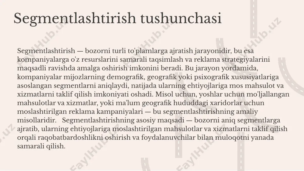 i, masalan, swot va pest tahlilini qo'llashadi. bu usul resurslarni ko'proq talab qiladi, lekin uzoq muddatli rivojlanish imkoniyatlarini aniqlashda yordam beradi. har ikkala usulning afzalliklari va kamchiliklari mavjud. statistik yondashuvlar tez va oson, lekin statistik ma'lumotlar bilan cheklangan. analitik yondashuvlar esa, ko'proq vaqt va resurs talab qilsa-da, bozorni kengroq tushunishga yordam beradi. maqsadli bozorni tanlashda, shuningdek, aidas modeli orqali mijozlarning ehtiyojlari va motivatsiyalarini aniqlash mumkin. bu metodlar yordamida, kompaniyalar o'z mahsulot yoki xizmatlarini eng mos bozorga yo'naltirish imkonini topadilar. maqsadli bozorni aniqlashda foydalaniladigan ma'lumotlar bozor tadqiqotlari analitik usullar yordamida bozor holati, mijozlarning ehtiyojlari va xulq-atvorini o'rganadi. anketalar, fokus-guruhlar va statistik ma'lumotlar asosiy manbalardir. maqsadli auditoriya haqida ma'lumot to'plash usullari demografik, geografik, psixografik va xulq-atvor turlari bo'yicha segmentatsiya qilishni o'z ichiga oladi. bu yordamida ehtiyojlar aniqlanadi. ma'lumotlarni tahlil qilishda statistik va analitik metodlardan foydalaniladi. bu qaror qabul qilishda va bozor segmentlarini aniqlashda muhim ahamiyatga ega. ushbu slayd uchun strategik yondashuvlar va …