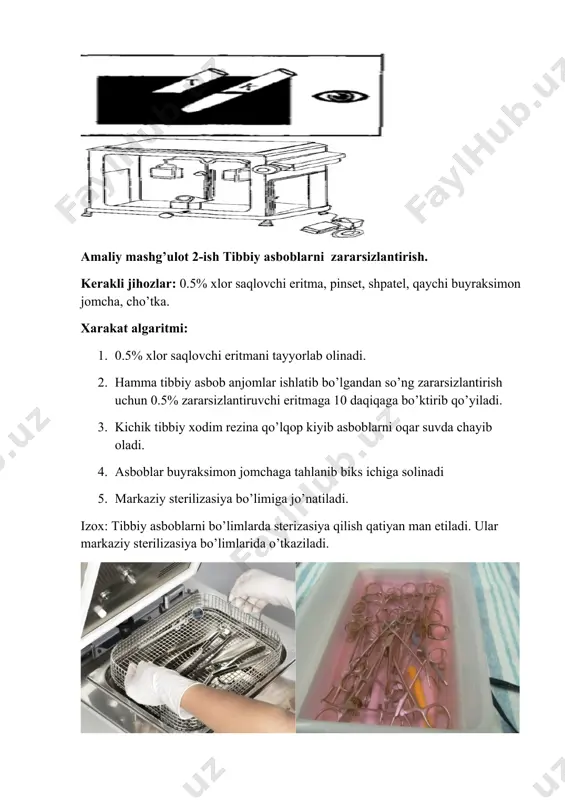 , sistemalarni yo’q qilish. kerakli jixozlar: sistema, shpris, igna, 0,5% zararsizlantiruvchi eritma, konteyner, mufel pechi. xarakat algaritmi: 1. ishlatilgan shpris, igna, sistemalarni ishlatilgandan so’ng darhol yo’q qilish lozim. 2. kartonli yoki plastmass qutilar tegishli shpris, igna, sistema sig’adigan bo’lishi kerak. 3. maxsus qutilarga ishlatilgan shpris va ignalarni qopqog’ini kiydirmasdan tashlanadi. 4. qutilarni 3/2 qismi to’lgach, teshigi skoch bilan berkitilib mufel pechiga yuboriladi va yoqib tashlanadi. 5. agar, shpris va ignalarni yo’q qilishda inkopsulyasiya usulidan foydalanilsa u holda, shpris va ignalar ishlatilgandan so’ng 3 marta 0,5% zararsizlantiruvchi eritmada chayilib, 10 daqiqa botirib qo’yiladi. 6. yuqumsizlantirilgan shpris, ignalarni plastmass konteynerlarga solib ular 3/2 qismi to’lgach ustiga sement, alebaster yoki loy aralashmani quyiladi. 7. qotirilgan plastmass konteyner axlatga tashlanadi. 8. ishlatilgan sistema ishlatilgandan so’ng 5-7 qismga bo’linib 0,5% xlor saqlovchi eritmaga 10 daqiqa botiriladi va yo’q qilinadi. amaliy mashg’ulot 4-ish igna yoki uchli asboblar bilan teri jaroxatlanganda i-yo’rdam ko’rsatish quyidagi ishlarni amalgaoshirish kerak: …