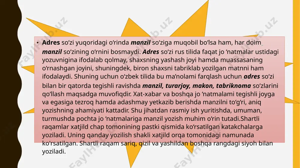 bo‘lmasligi uchun ko‘chma ma’nodagi so‘z va iboralarni qo‘llashda ehtiyotkorlik, sinchkovlik talab etiladi. rasmiy xatlar tilida aniqlik va qisqalik asosiy mezon hisoblanadi. bunday xatlar tili va uslubi qonunlar tiliga qo‘yiladigan talablar darajasida bo'lishi zamr. xizmat xatlari ikki nusxada yoziladi va imzolanadi. birinchi nusxa jo ‘natilib, ikkinchi nusxa muassasaning o ‘zida saqlanadi. agar xat ikki va undan ortiq joyga yuborilsa, xat jo ‘natilayotgan asosiy muassasa yoki rahbar xodimning nomidan so‘ng boshqalari beriladi. birgina hujjatda uni oluvchilaming nomi to ‘rttadan oshmasligi kerak. xizmat xatlari, odatda, muassasa nomiga yuboriladi. faqat masalaning hal qilinishi bevosita rahbarga bog‘liq bo‘lsa, xat rahbar nomiga jo'natilishi mumkin. xizmat xatlarida sarlavha katta ahamiyatga ega. ular hujjatning qisqacha mazmunini , ya’ni xat nima haqda ekanligini ko‘rsatadi. masalan:maktab ta'miri uchun qo'shimcha mablag' ajratish haqida», «to'lovlarga kafolat berish haqida». matn uchun sarlavhalaming aniq va qisqa berilishi ish yuritishda qator qulayliklar yaratadi. sarlavha bir jumladan iborat bo‘lib, xat matnidan oldin chap tomonda joylashadi. odatda, …