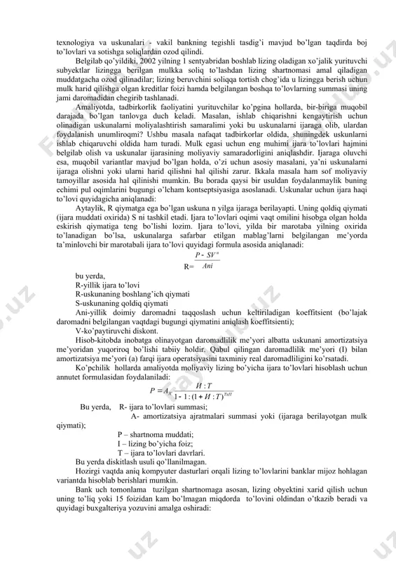 a ajratmalari miqdor o’lchovi, so’mda; tkomis - lizing shartnomasi asosida lizing beruvchining komission mukofot puli, so’mda; qqs - lizing beruvchi xizmatlari bo’yicha lizing oluvchi tomonidan to’lanadigan qo’shilgan qiymat solig’i, so’mda; bb - bojxona boji, so’mda; kt - kredit resurslaridan foydalanganlik uchun to’lov, so’mda; qt - qo’shimcha xizmatlari uchun to’lov, so’mda. o’z navbatida, amortizatsiya ajratmalari quyidagi formula bilan hisoblaniladi: bu erda, a- amortizatsiya ajratmasi summasi; s- mol – mulkning balans qiymati; na- amortizatsiya ajratmasi me’yori. kredit resurslaridan foydalanganlik uchun to’lov quyidagi formula orqali aniqlanadi: bu erda, k- kredit resurslar summasi; sk – kredit resurslaridan foydalanganligi uchun stavkasi. lizing shartnomasi asosida lizing beruvchining komission mukofat puli quyidagicha aniqlanadi: bu yerda, skomis – komission mukofat puli stavkasi. qo’shimcha xizmatlar to’lov miqdori asosan quyidagi aniqlanadi: qt = xsaf + xrek + xboshqa bu yerda, xsaf – bank xodimlarining safar xarajatlari; xrek – reklamalar xarajatlar summasi; xboshqa - boshqa xarajatlar summasi. o’zbekiston respublikasi prezidentining 28 …