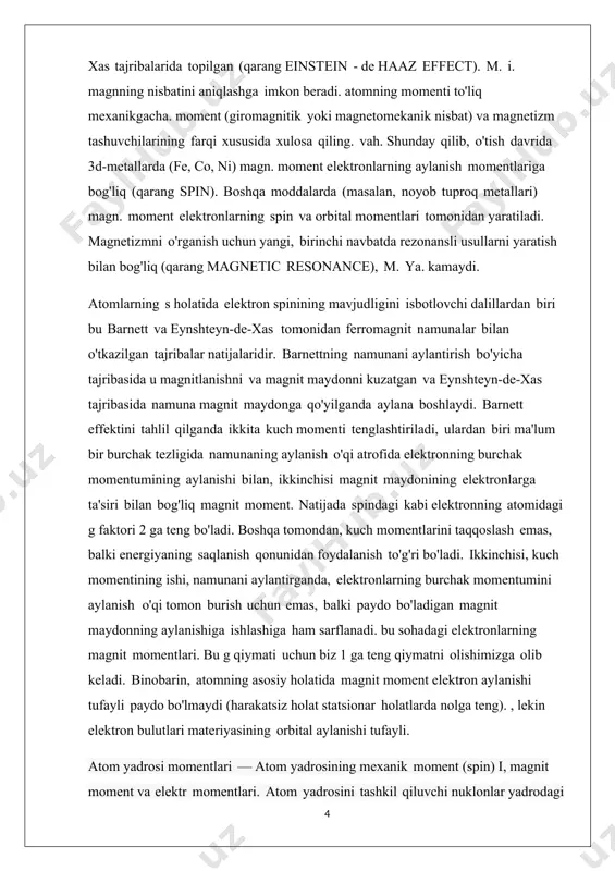 zgarishini, shuningdek, u bilan bogʻliq ravishda yerda va atmosferada sodir boʻladigan fizik jarayonlarni oʻrganadi. magnit maydonining kuchlanishi t vektor bilan belgilanadi. gvektorning miqdori ye. m. elementlari, yaʼni magnit maydonining ogʻish burchagi d, gorizontal tashkil etuvchisi ya, egilish burchagi va vertikal tashkil etuvchisi z bilan ifodalanadi. ye. m. elementlari toʻgʻri burchakli koordinatalar sistemasida quyidagicha joylashgan: x — geografik meridian, y — geografik kenglik va z — vertikal chiziq boʻylab yoʻnalgan koordinata oʻkdari. t vektorning x, y, z oʻklariga boʻlgan proyeksiyalari magnit maydonining shim., sharqiy va vertikal tashkil etuvchilari deb ataladi. t ning gorizontal tekislikdagi proyeksiyasi magnit maydonining gorizontal tashkil etuvchisi n ni hosil qiladi. t vektor joylashgan hoz tekislik magnit meridiani tekisligi deyiladi. hoz tekisligi bilan xoztekisligi orasidagi burchak magnit maydonining ogʻish burchagi d ni va kuchlanishi (t vektor) bilan gorizontal tashkil etuvchisi n orasidagi burchak magnit maydonining egilish burchagi / ni tashkil etadi. e. m. elementlari kompas, magnit teodoliti, turli …