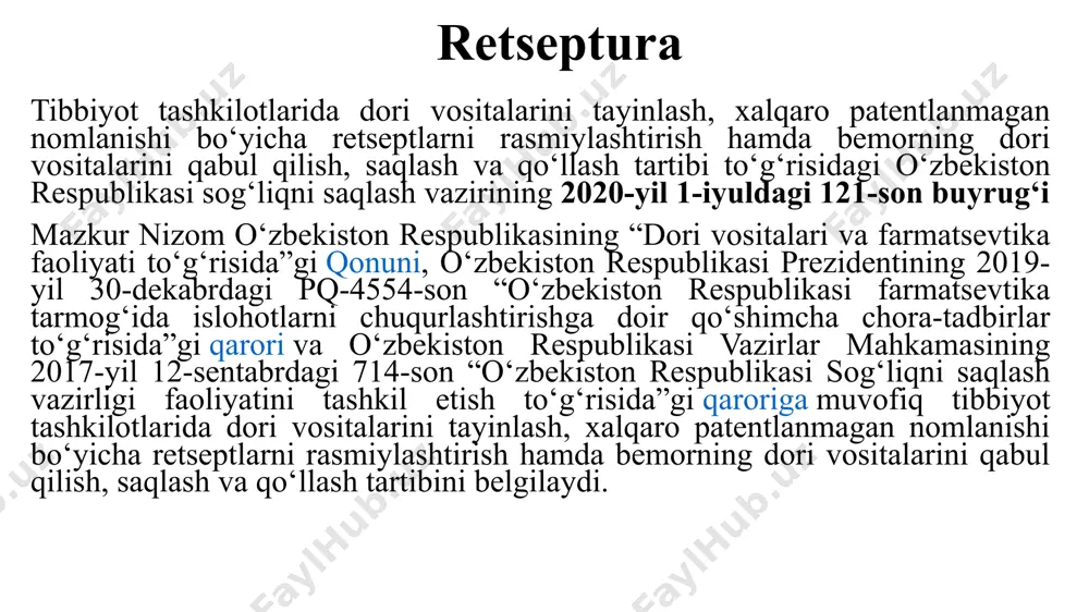 ar bemorga beriladigan dorini takrorlash zarurati tugʻilsa, shifokor buni retseptning koʻrinib turadigan joyiga yozib qoʻyishi lozim. masalan, repetatur takrorlansin, bis repetatur ikki marta takrorlansin. retsept tuzilishi va shakllari bitta retsept blankasida 2 ta retsept yozilgan taqdirda ular bir-biridan # belgisi bilan ajratiladi. retseptda lotincha soʻz va ifodalarning qisqartirilgan shakli qoʻllanilishi mumkin. soʻz undosh harfda qisqartiriladi, agar juft undosh boʻlsa – ikkinchi harfda qisqaradi. retsept yozish qoidalari doza – bu dori moddalarining organizmga bir marotaba kiritiladigan, ma‘lum farmakologik ta‘sirni yuzaga keltiruvchi miqdoridir. dozaning quyidagi turlari mavjud: bir martalik doza (dosis pro dosi) sutkalik doza (dosis pro die) kurslik doza (dosis pro curso) ushbu dozalarning har biri oʻrtacha terapevtik, yuqori terapevtik va minimal (boʻsagʻa) dozalariga boʻlinadi. retsept yozish qoidalari oʻlim rivojlantiruvchi doza (dosis letalis) zaharli yoki toksik doza (dosis toxica) maksimal yoki yuqori doza (dosis maxima - md) terapevtik yoki oʻrtacha doza (dosis terapevtica - td) minimal, yoki boʻsagʻa dozasi (dosis minima …