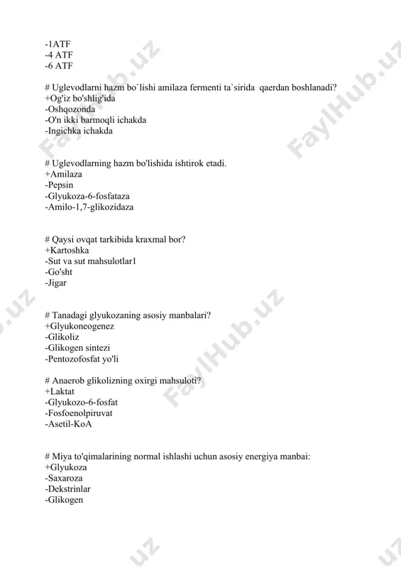 i # organizm uchun lipidlarning (yog` kislota) qaysi vakillari alishtitib bo`lmaydigan hisoblanadi? +ko'p to'yinmagan yog' kislotalar -xolesterin -yog`lar -mo`m # keton tanachalari hosil bo'ladi: +jigar -muskul -oshqozon -buyrak # inson tanasi uchun alishtirib bo`lmaydigan (essentsial) yog` kislota: +araxidon -palmitin -olein -stearin # asetil-coa dan xolesterin sintezining dastlabki bosqichlarida quyidagilar hosil bo'ladi: +mevalon kislotasi -xlorid kislotasi -sut kislotasi -piruvat kislotasi # gepatotsitlar sitoplazmasining triatsilgliserollar (yog`lar) bilan to'lib toshishi quyidagilarga olib keladi: +jigarning yog'li infiltratsiyasi -atsidoz -gipoxolesterolemiya -ateroskleroz # bolalarda lipidlar hazm bo’lishi boshlanadi: +oshqozonda -og'iz bo'shlig'ida -ingichka ichakning yuqori qismida -yo’g’on ichakda # ekzogen xolesterinning qondagi tashuvchisi: +xilomikronlar -glyukoza -galaktoza -glikoproteinlar # zichligi yuqori lipoprotein ko‘p miqdorda xolesterinni biriktirib olishi uchun qaysi ferment yordam beradi: +letsitinxolesterinatsiltransferaza -esteraza -lipoproteinlipaza -amilaza # quyidagilarning qaysi biri xolesterinning vazifasi hisoblanadi? +membranalar tarkibiga kiradi -jinsiy garmonlar inaktivatsiyasida qatnashadi -yog‘larni so‘rilishini osonlashtiradi -fosfolipidlar sintezida qatnashadi # fosfotidiletanolamin sintezida qatnashuvchi, pirimidin nukletidlarga mansub spetsifik moddani belgilang: +stf -gtf …