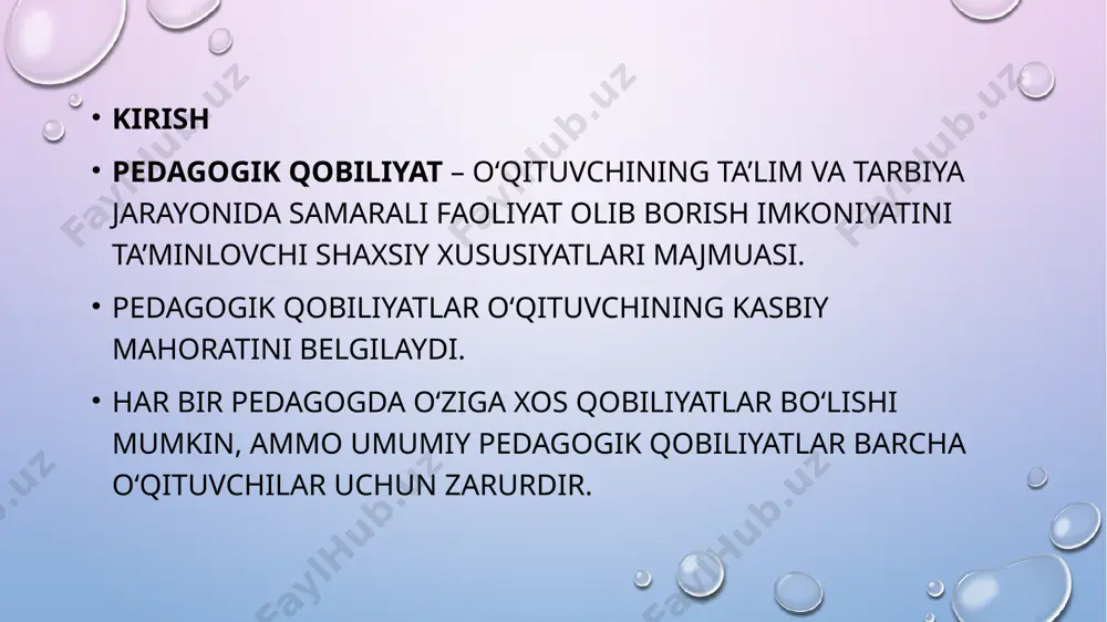 yatlarini tushunish. o‘quvchilarning individual qobiliyatlarini aniqlash va rivojlantirish. o‘quvchilar bilan emotsional bog‘liqlikni shakllantirish. dars jarayonida motivatsiyani oshirish. kreativlik o‘qitishda yangicha yondashuvlar va metodlarni qo‘llash. o‘quvchilarni mustaqil fikrlashga o‘rgatish. ta’lim jarayonini qiziqarli va interaktiv qilish. innovatsion texnologiyalardan foydalanish. tadqiqotchilik qobiliyati o‘qitish samaradorligini oshirish uchun yangi pedagogik metodlarni o‘rganish. o‘quvchilarning o‘qish natijalarini tahlil qilish va takomillashtirish. pedagogik tajriba asosida yangi ilmiy izlanishlar olib borish. o‘qitish sifatini oshirish uchun ilmiy maqolalar va qo‘llanmalar yaratish. pedagogik qobiliyatlarni rivojlantirish usullari pedagogik treninglar va kurslarda ishtirok etish. zamonaviy o‘qitish metodlarini o‘rganish. ilmiy adabiyotlar va tajribali ustozlardan o‘rganish. o‘quvchilarning fikr-mulohazalarini inobatga olish. pedagogik qobiliyatga ega o‘qituvchining xususiyatlari qiziqarli va tushunarli dars o‘tish qobiliyati. o‘quvchilarga nisbatan mehribon va sabrli bo‘lish. muammolarni hal qilish va moslashuvchan bo‘lish. o‘z ustida doimiy ishlash va rivojlanish. pedagogik qobiliyatlarning o‘quvchilarga ta’siri o‘quvchilarning o‘qishga bo‘lgan qiziqishi ortadi. mustaqil fikrlash va ijodiy tafakkur rivojlanadi. intizom va mas’uliyat hissi shakllanadi. bilim olish jarayoni samaraliroq bo‘ladi. pedagogik …