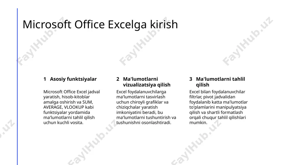 dim etadi. excelda ma'lumotlarni tahlil qilish va vizualizatsiya qilish 1 2 3 excelda ma'lumotlarni tahlil qilish vositalari excelda vizualizatsiya imkoniyatlari excelda advansdagi ma'lumotlarni tahlil qilish texnikalari excel tahlil qilish va ma'lumotlarni muntazamlay olish uchun pivottables, power query, va statistik funktsiyalarni o'z ichiga olgan turli tahlil vositalarini taklif etadi. excel ko'rsatish uchun chizmalar, grafiklar, va sparklinelar kabi turli vizualizatsiya imkoniyatlarini taklif etadi, bu ma'lumotlarni ko'rsatishda eng aniq va jamlanadigan ko'rinishda yordam beradi. advansdagi foydalanuvchilar regressiya tahlili, senariy tahlili, va maqsadni izlash kabi murakkab ma'lumotlarni tahlil qilish va bashoratlash vazifalarini bajarish uchun excelning imkoniyatlaridan foydalanishlari mumkin. excelda yuqori darajadagi imkoniyatlar ma'lumotlarni tahlil qilish vositalari excel pivot jadval, ma'lumotlarni vizualizatsiya qilish, va statistik funktsiyalarni qo'llash orqali katta ma'lumotlar to'plamlarini tahlil qilish uchun yuqori darajadagi imkoniyatlar taklif qiladi. power query va power pivot power query bilan foydalanuvchilar osonlik bilan har xil manbalardan ma'lumotlarni bog'lash, o'zgartirish va import qilishlari mumkin, va power pivot yuqori darajadagi …