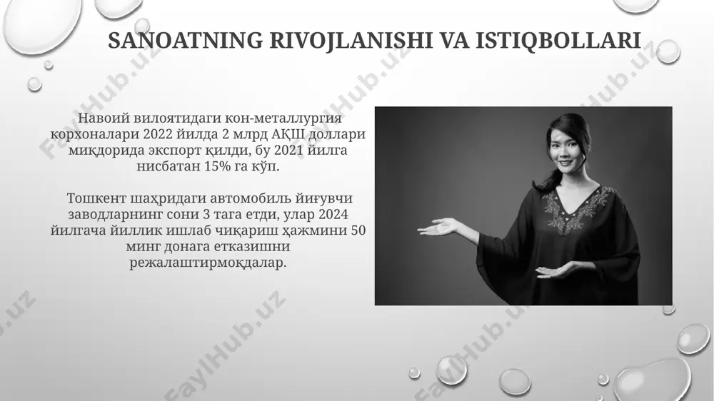 di. xulosa va savollar тақдимотда ўзбекистон моделининг 10 йиллик ривожланиш стратегиясига оид 3 та муҳим масала, жумладан, тошкент шаҳридаги ижтимоий инфратузилма лойиҳаларига ажратилган 15 миллиард сўм маблағлар ҳақида сўз юритилди. ўзбекистон моделининг 2023 йилдаги 5 та асосий кўрсаткичи, хусусан, самарқанд вилоятининг иқтисодий ўсишига таъсири хусусида батафсил маълумот берилди. ijtimoiy ta'minot va aholining turmush darajasi o‘zbekistonning ijtimoiy himoya tizimi 5 milliondan ortiq fuqaroni qamrab olgan bo‘lib, ulardan 2 millioni bolalardir. bu tizimning samaradorligi samarqand kabi viloyatlarda turlicha baholanmoqda. ijtimoiy nafaqalar va pensiyalar miqdori 2023-yilda o‘rtacha 15% ga oshirilgan bo‘lsa-da, inflyatsiya darajasi bu o‘sishni qisman bekor qilgan, ayniqsa andijon viloyatida. siyosiy tizim va hukumat tuzilmasi oʻzbekiston respublikasi konstitutsiyasi 1992-yilda qabul qilingan boʻlib, prezidentlik respublikasi tuzilmasini, shuningdek, ikki palatali oliy majlisni – qonunchilik palatasi va senatni oʻz ichiga oladi. sud tizimi uch bosqichdan iborat: mahalliy sudlar, apellyatsiya sudlari va oliy sud. konstitutsiyaviy sud esa konstitutsiyaviy qonunlarning bajarilishini nazorat qiladi. ekologik muammolar va ularning …