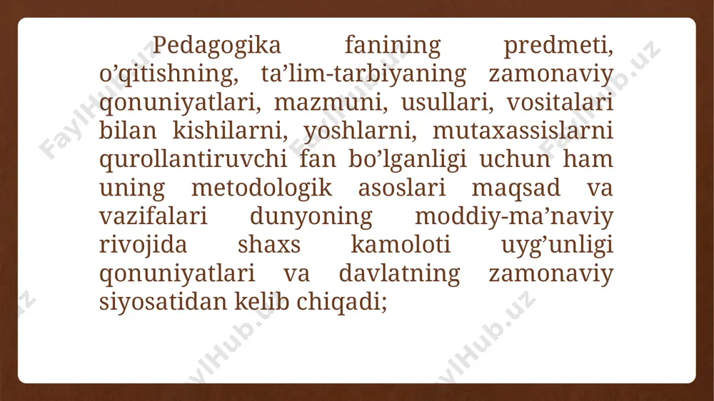 shtirishda zarur; ma’lumot – ta’lim –tarbiya natijasida olingan va tizimlashtirilgan bilim, hosil qilingan ko’nikma va malakalar hamda shakllangan dunyoqarashlar majmuidir; shokirov ismoiljon pedagogika insonlar orasidagi munosabatlarni va ijtimoiy muhitning insonga ta’sirini tadqiq etuvchi fan sifatida iqtisodiyot, madaniyat rivojlanishining o’ziga xosligi hamda ularning inson shaxsi shakllanishiga ta’sirini o’rganadi; shu bilan birga, pedagogika o’quv muassasasi tizimining tashkiliy jihatlaridagi ko’pgina masalalarni hal etishga, shaxslarni tarbiyalashda o’quv muassasasi, oila va jamoatchilikning o’zaro hamkorlikda ish olib borishiga yordam beradi; etika falsafaning ahloqiy va tarbiya masalalari bilan bevosita bog’liqdir; ularni xal etishda pedagogika ahloqning umuminsoniy qadriyatlariga suyanadi; estetika (nafosat tarbiyasi) insonning estetik ideallarini shakllantirish, madaniyatga va voqelikka estetik munosabatlari umumiy qonuniyatlarini o’rganadi va estetik tarbiyani ilmiy jihatdan asoslash uchun xizmat qiladi; bu asoslarni pedagogika fani ishlab chiqadi, yoshlarni go’zallikni xis qila olish, tushunishga o’rganish vositalari va yo’llari belgilab beradi; psixologiya pedagogikaning boshqa fanlar tomonidan aniqlangan bilimlar, o’sib kelayotgan insonning shaxsini shakllantirish, ichki jarayonlarini yuz berish omillari …