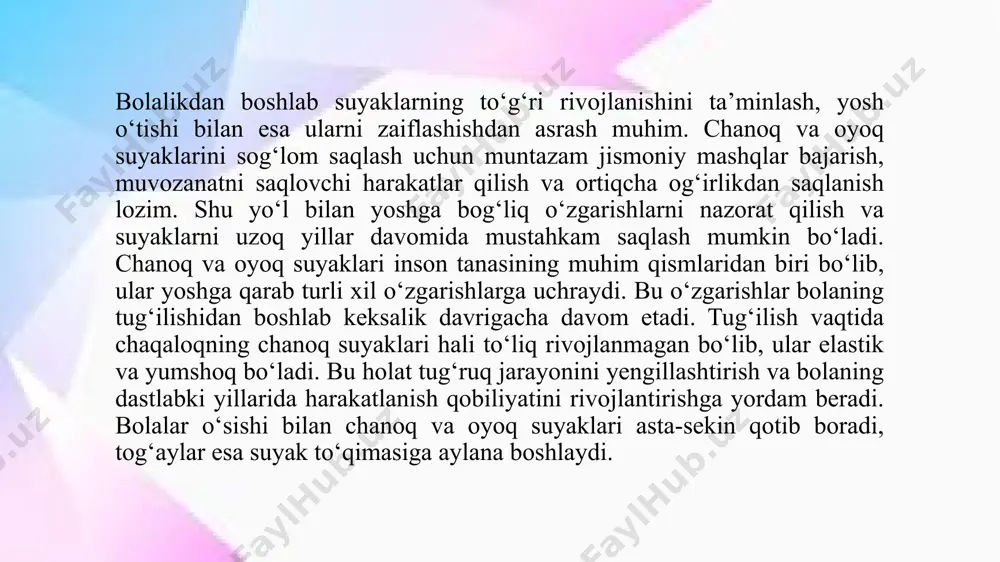 bu esa suyaklarning eskirishi, bo‘g‘imlarning deformatsiyasi va umurtqa pog‘onasining egilishi kabi muammolarga olib kelishi mumkin. shu sababli, og‘ir mehnat bilan shug‘ullanadigan kishilar maxsus himoya kiyimlari kiyishi, tana holatini to‘g‘ri saqlashi va suyaklarni mustahkamlovchi mashqlar bajarishi lozim. 4. chanoq va oyoq suyaklari rivojlanishining tug‘ma va orttirilgan nuqsonlari. chanoq va oyoq suyaklarining rivojlanishida tug‘ma va orttirilgan nuqsonlar muhim ahamiyatga ega. ushbu nuqsonlar suyaklarning shakllanishi, harakatlanish imkoniyatlari va insonning umumiy jismoniy faoliyatiga ta’sir ko‘rsatishi mumkin. tug‘ma nuqsonlar odatda genetik omillar yoki homila rivojlanishidagi buzilishlar natijasida yuzaga keladi, orttirilgan nuqsonlar esa tashqi omillar, travmalar yoki turli kasalliklar ta’sirida rivojlanadi. 12 tug‘ma nuqsonlar tug‘ma nuqsonlar bolada tug‘ilishdan oldin paydo bo‘ladi va ko‘pincha genetik omillar yoki homiladorlik davrida yuzaga kelgan noqulay sharoitlar natijasida kelib chiqadi. chanoq va oyoq suyaklarining tug‘ma nuqsonlari orasida quyidagilar eng ko‘p uchraydi: chanoq bo‘g‘imining tug‘ma chiqishi (displaziya) – bu holatda chanoq-son bo‘g‘imi to‘g‘ri shakllanmaydi, natijada bolaning yurish qobiliyati zaiflashadi va oyoq suyaklari …