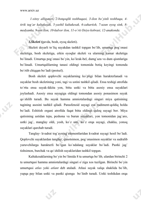 shikdan orqа miya o`tsa, pastki teshikdan ikkinchi bo`yin umurtqasi epistrofeyning tishsimon o`simtasi kirib turadi. atlas epistrofeyning tishsimon o`simtasi atrofida aylanadi. kaltakesakning ko`krak-bel bo`limlari 22 ta umurtqadan tashkil topgan. ularning hammasi qovurg`alar bilan tutashadi. oldingi 5 ta umurtqalarning qovurg`alari tush suyagiga tutashadi. kaltakesakning tushi tog`aydan tuzilgan. erkin oyoqlar skeleti va ularning kamar skeleti amfibiyalarning shu skeletlaridan unсhalik farq qilmaydi. faqat to`sh suyagining ustida to`sh usti suyagi bo`ladi. dumgaza bo`limi ikkita umurtqadan iborat bo`lib, bularning ko`ndalang o`simtalariga chanoq kamarining yonbosh suyaklari birikib turadi. dum bo`limi bir qancha umurtqalardan iborat bo`lib, bularning ko`ndalang o`simtalariga chanoq kamarining yonbosh suyaklari birikib turadi. dum bo`limi bir qancha umurtqalardan tashkil topgan. dum umurtqalari dumning uchiga borgan sari o`simtalarini yo`qotib kalta-kalta suyakchalarga aylanadi. dum umurtqalarining tanasi yupqa pay bilan oldingi va keyingi bo`limlarga ajralib turadi. kaltakesaklar xavf tugilganda dumlarini shu joydan uzib tashlab ketadi va qaytadan dum tiklanadi. muskul sistemasi yaxshi takomillashgan bo`lib, muskullarni metamer joylashishi yo`qolib ketadi. …
