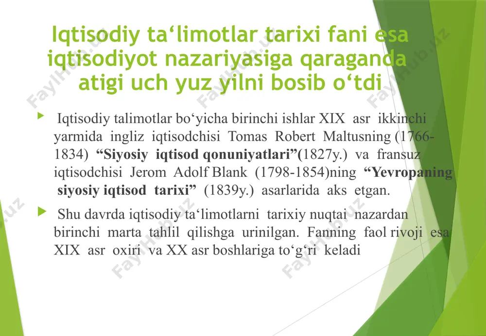 deb ataladi k.marksning formatsion rivojlanish nazariyasi bo‘yicha iqtisodiy tarix davrlari: - ibtidoyi jamoa davri (m.a.6 asr); - quldorlik davri (m.a.5 asr va milodiy 6 asr) - feodal davr ( 6 - 1 8 asrlar); - kapitalistik davr (19 asr dan 20 asrgacha); - kommunistik davr (20 asr). tarixiy xronologik nazariya bo‘yicha: -eski zamon (m.a. 223-8 asrlar) insonlar ko‘chmanchilik, ovchilik va terimchilik mehnati bilan shug‘ullanishi; -antik davr (m.a. 5 asrdan to milodiy 8 asrlar) quldorlik rivojlanishi va yerlarga xo‘jalik, savdo rivojlanishi; - o‘rta asr (milodiy 5 va 16 asrlar) davlat va iqtisodi munosabatlarning faol rivojlanishi; -renessans davri (16-18 asrlar) buyuk ixtirolar davri; -buyuk ochilishlar davri (18 asrning 1 choragi va o‘rtalari) dunyoda yangi davlatlar ochilishi; -erkin raqobat davri (18 asrning ikkinchi yarmi 19 asr oxirlari) bozor mexanizmlarini faollashuvi, ishlab chiqarish revolyutsiyasi bilan bogliq; -monopolik raqobat davri (19 asrning ikkinchi yarmi 20 asrning o‘rtalari) ishlab chiqarishning murakkablashuvi va kapitalning kengayishi; -ijtimoiy yo‘naltirilgan …