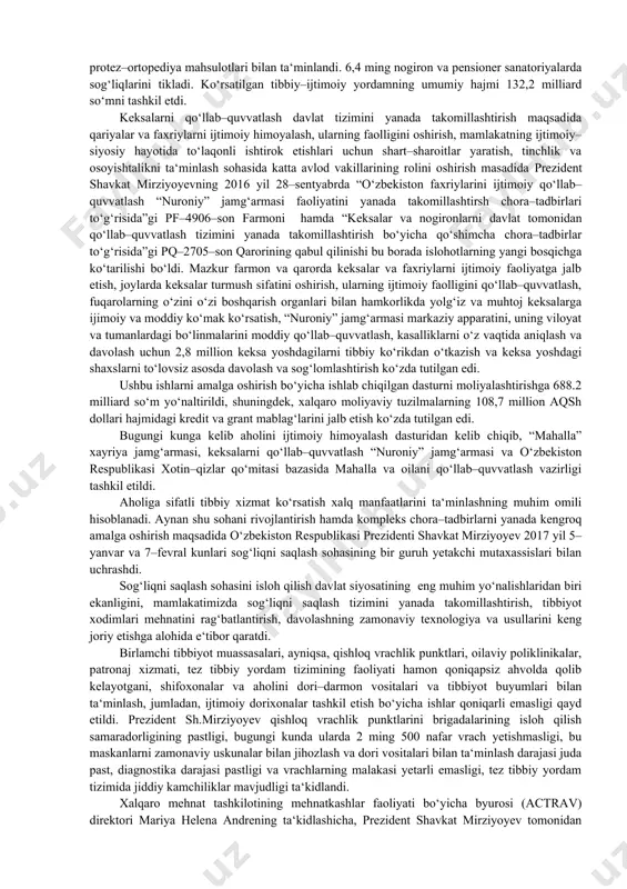 a ilovada ishsizlik darajasini baholash mezoni keltirilgan. unga ko‘ra, respublikada ishsizlik darajasi (5,3 foiz) mo‘tadil hisoblanadi. ammo respulikada ishsizlik darajasi bir muncha yuqori bo‘lgan, tog‘li, chegara oldi hududlarida joylashgan, ishlab chiqarish va ijimoiy soha yetarli darajada rivojlanmagan 34 ta tuman mavjud. mazkur tumanlarda ishni o‘rni tashkil etishga aholi bandligini ta‘minlash dasturlarini amalga oshirishga alohida e‘tibor qaratilgan va 2017 yilda shu tumanlarda 46,8 mingta ish o‘rni tashkil etish rejalashtirilgan. yangi ish o‘rinlarini tashkil etishda erkin iqtisodiy zonalarning o‘rni katta. xususan, respublikada “navoiy”, “angren”, “jizzax” erkin iqtisodiy zonalari tashkil etildi. keyinroq, 2017 yilda “urgut”, “g‘ijduvon”, “qo‘qon”, “hazorasp” erkin iqtisodiy zonalari tashkil etildi. bu iqtisodiy zonalarda meva–sabzavot va qishloq xo‘jaligi mahsulotlarini chuqur qayta ishlash, saqlash va qadoqlash, to‘qimachilik, gilam to‘qish, poyabzal va charm–galanteriya, ekologik xavfsiz kimyo, farmatsevtika, oziq–ovqat, elektrotexnika sanoati, mashinasozlik va avtomobilsozlik, qurilish materiallari ishlab chiqarish va boshqa yo‘nalishlarda yangi zamonaviy ishlab chiqarish quvvatlari tashkil etish yangi ish o‘rinlari yaratilishiga zamin yaratadi. …