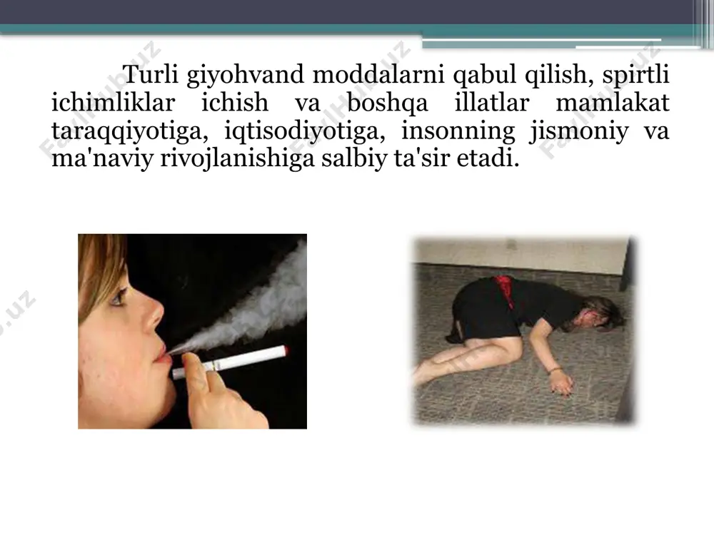 klarni yuzaga kelti rish mumkinligi ilmiy asosda isbotlangan. bun- day bolalarni ayniqsa aqliy faoliyati kuchsiz rivojlanishi aniqlangan. kuzatishlarning aniqlashicha, chekuv- chilarning xotinlari chekmaydiganlarning xotinlariga nisbatan o`rtacha to`rt yil kam umr ko`rar ekan. ular ayniqsa rak, giperto- niya, yurak va o`pka kasalliklari bilan ko`p- roq kasallanadi. chekuvchilarning ko`pchi- ligi tez-tez kasal bo`lib turganligi sababli ularning ishga chiqmaydigan kunlari ko`p bo`ladi. ish kuni davomida chekish uchun talaygina vaqt sarflaydilar. ularning kasalligini davolash uchun dori-darmonlar sarflanadi. davolashda xizmat qilgani uchun meditsina xodimlari maosh oladilar. bularning hammasi davlat iqtisodiyotiga ma`lum darajada zarar yetkazadi. chekishning iqtisodiy zarari bundan tashqari, chekuvchi o`z oilasi ning iqtisodiyotiga ham zarar yetkazadi. agar har kuni bir quti sigareta cheksa, sigaretaning turiga qarab bir yilda u 1 000 000 so`m gacha va undan ko`proq pul sarflaydi. chekishga qarshi kurash aqshning ko`pgina firmalarida chekmaydigan va chekishni tashlangan ishlovchilarga, chekayotganlarga nisbatan ish haqi anchagina ko`proq to`lanishi joriy etilgan belgiyada ishlab chiqarish va jamoatchilik …