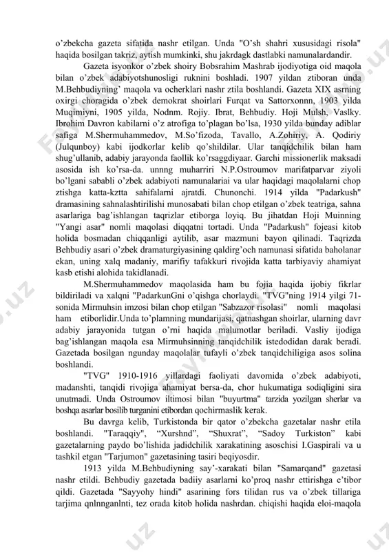 sarida olimjonning ilm-marifat. orqali baxtga erishgani tasvirlansa, a.qodiriyning "uloqda", "juvonboz" singari realistik hikoyalari ngu davr ruhini ifodalovchi izlanishlar mahsuli sifatida etiborni torta boshladi. marifatparvarlik jadid adabiyotining yetakchi tamoyiliga aylandi, milliy o’zbek adabiyotining poydevoriga birinchi gishtlar qo’yila boshlandi. bu davr shoirlari ijodida taraqqiyparvarlik, tenglik, ilm, ozodlik haqidagi goya o’sha davr sheriyatining leytmotiviga aylandi. asta-sekinlik bilan o’zbek milliy adabiyotining tugilishi tufayli demokratik yo’nalish birinchi o’ringa o’ta boshladi. davrning mavjud ijtimoiy tartibini tanqidiy realistik tarzda tasviryaab, uning ruhini yanada chukurrok berish, xalq orzuyaarini har tomonlama aks ettirin adabiyotda asosiy mavzuga aylandi. ammo davr adabiyotiga yetarli baxo berishga o’sha zamondagi adabiy tankndning kuchi yetmas edi, chunki adabiy tanqid hali qorishiq, zndi shakllanayotgan pallaga kirgan edi. shuning uchun o’zita xos fan, ilmky-zstetik tafakkur mahsuli sifatida endi dunyoga kelayotganligi tufayli ijtimoiy hayotga, ijodiy jarayonga sezilarli tasir ko’rsata olmasligi tabiiy zdi, 20-yillarning ykkinchi yarmida, xususan. 30-yillardan ztiboran adabiyot butunlay mafkuralasha bordi va sor imkoniyatlari qo’ldan ketdi."sovet tuzumi …