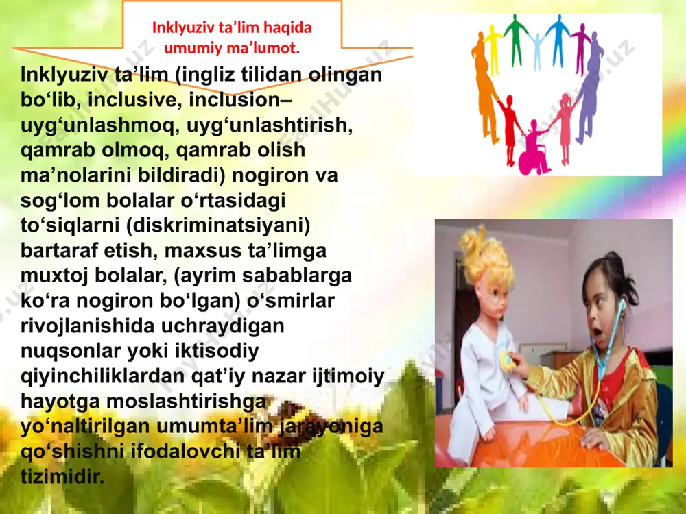 exnologiyalari va innovatsion loyihalar joriy etiladi; alohida ta’lim ehtiyojlari bo‘lgan bolalarning bilim olish huquqi, inklyuziv o‘qitishning mazmun-mohiyatini tushuntirish orqali aholi o‘rtasida ijobiy ijtimoiy muhit shakllantiriladi; alohida ta’lim ehtiyojlari bo‘lgan bolalarni kamsitish, ularga salbiy muomalada bo‘lishning oldini olishga qaratilgan chora-tadbirlar amalga oshiriladi; inklyuziv ta’lim tizimi tajriba-sinov tariqasida alohida ta’lim muassasalarining faoliyatiga joriy qilinadi; b) 2023 — 2025-yillar davomida: inklyuziv ta’lim tizimi bosqichma-bosqich boshqa umumiy o‘rta ta’lim muassasalarida joriy qilinadi; alohida ta’lim ehtiyojlari bo‘lgan har bir bolaning inklyuziv ta’lim olish huquqini ta’minlashga qaratilgan chora-tadbirlar amalga oshiriladi; inklyuziv ta’limda o‘qitish usullari takomillashtiriladi hamda ta’lim jarayoniga individuallashtirish tamoyillari bosqichma-bosqich joriy etiladi; i. inklyuziv ta’lim jarayonida o‘quvchilarni ma’naviy-axloqiy tarbiyalashga, ularning jismonan sog‘lom va baquvvat shakllanishiga qaratilgan choralar ko‘riladi; o‘quvchilarning jismoniy va aqliy ehtiyojidan hamda ta’lim muassasalarining geografik joylashuvidan kelib chiqib alohida ta’lim ehtiyojlari bo‘lgan bolalar uchun ixtisoslashtirilgan davlat ta’lim muassasalari (maktab va maktab-internatlar) (keyingi o‘rinlarda — ixtisoslashtirilgan ta’lim muassasalari) soni optimallashtiriladi. 4. xalq ta’limi vazirligi, …